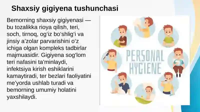 Bemorlarning shaxsiy gigiyenasi. Bemorlarni ovqatlantirish, Bemorlarni fiziologik chiqaruvlari. Bemorlarni funksional holatini baholash. Hayot uchun zarur ko’rsatkichlarni baholash 3