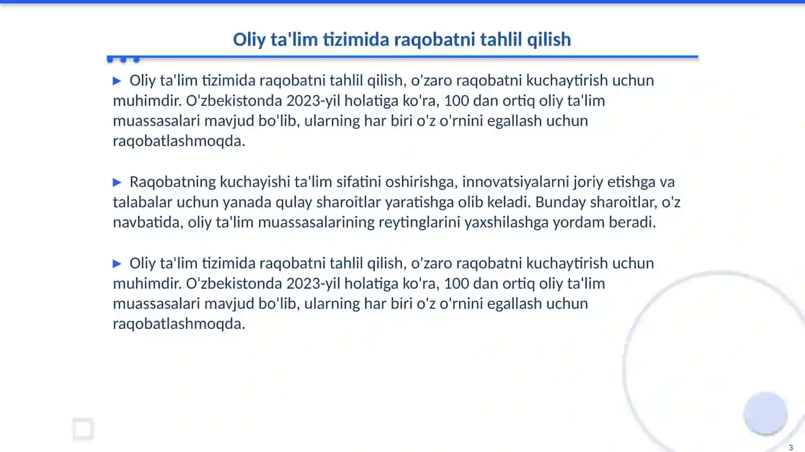 Oliy ta'lim tizimida raqobat muhitini shakillantirish yoʻllari Ta’lim menejmenti fani 3
