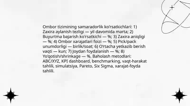 Omborlashtirish tizimi faoliyatining samaradorligini aniqlash 3