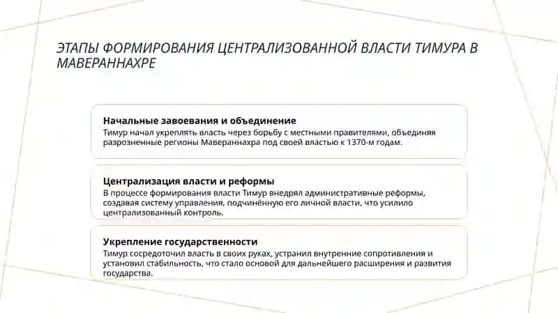 Создание централизованного национального государства Амира Тимура в Мавераннахре и его роль в развитии культуры, просвещения и науки. 3
