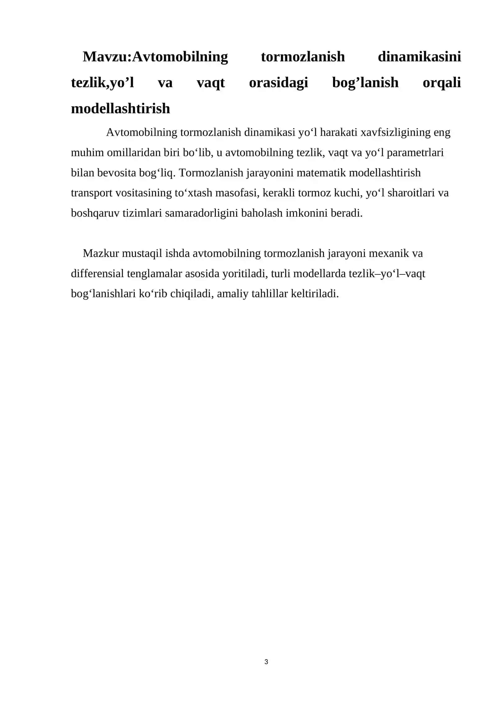 Avtomobilning tormozlanish dinamikasini tezlik,yo’l va vaqt orasidagi bog’lanish orqali modellashtirish 3