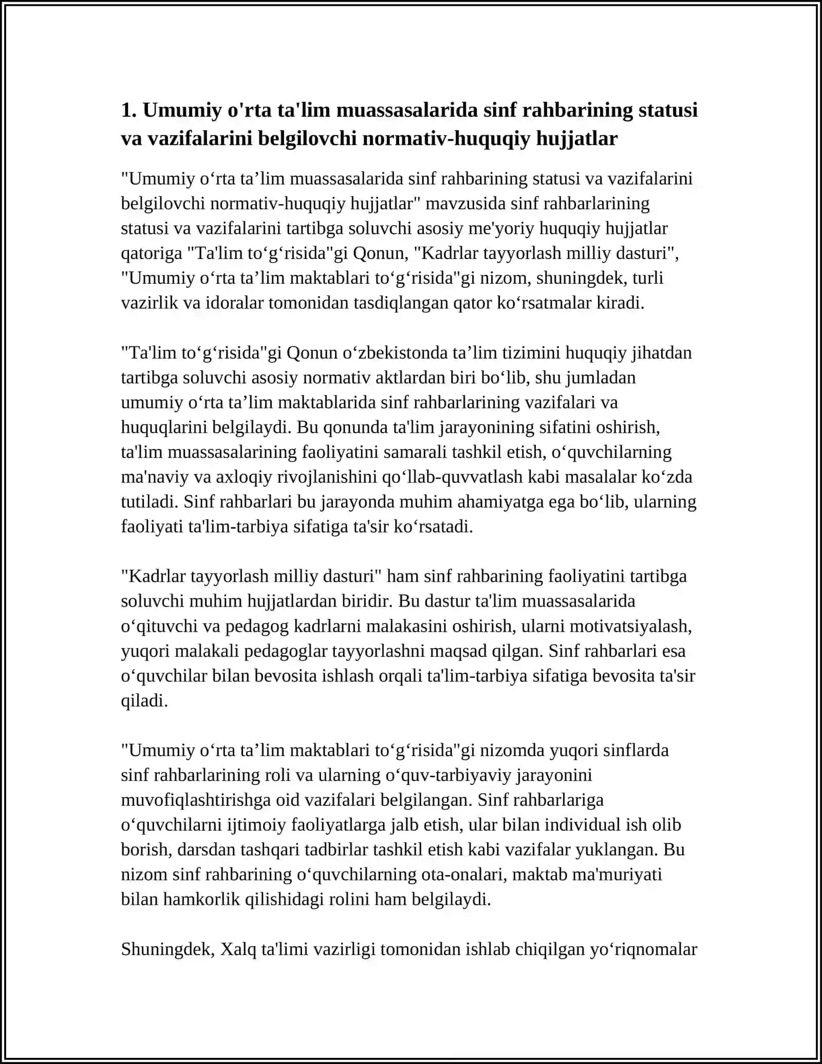 UMUMIY O'RTA TALIM MAKTAB SINF RAHBARLARINI FAOLIYATINI TARTIBGA SOLUVCHI MEYORIY HUQUQIY XUJJATLAR 3