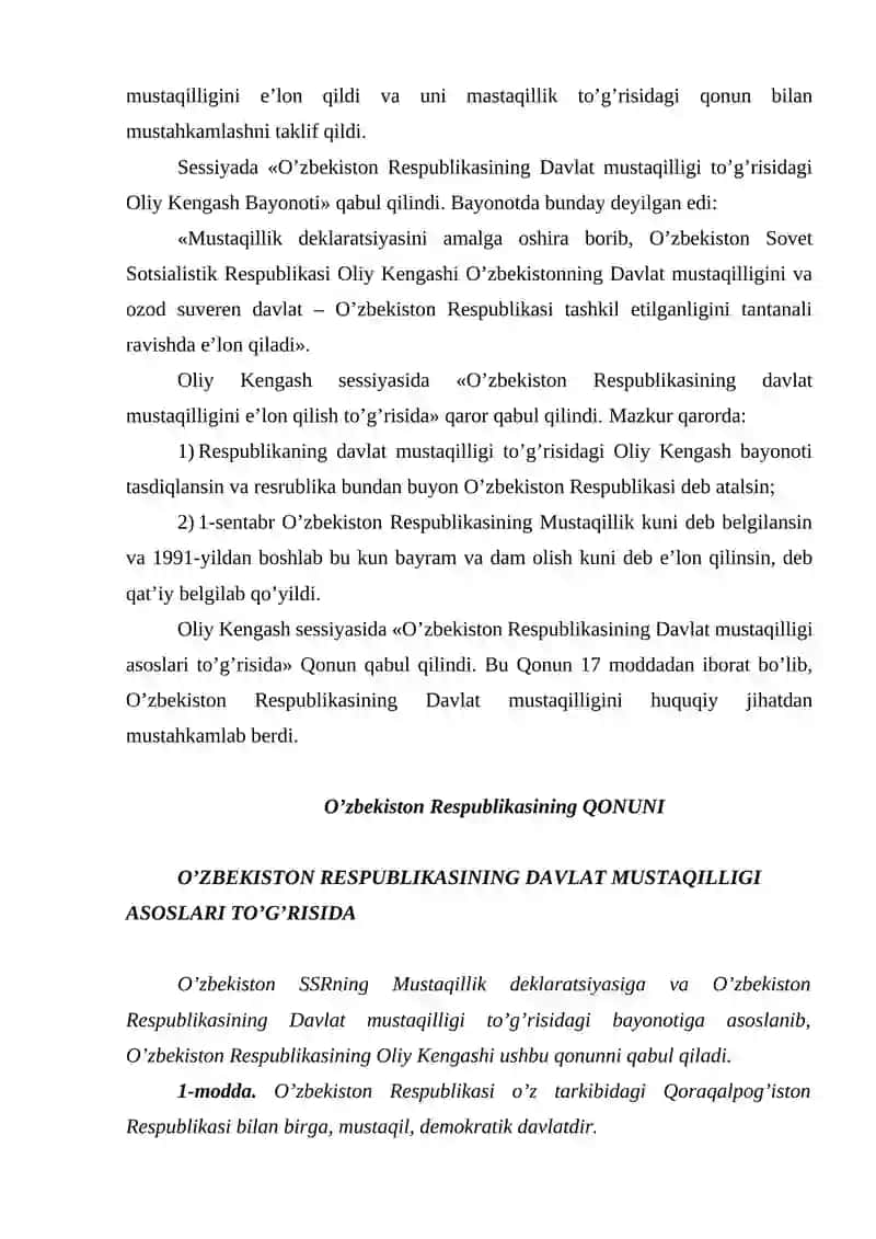 O'zbekistonda Davlat Mustaqilligining Qo'lg'a Kirtilishi Xuquqiy Demokratik Davlat va Fuqarolik Jamiyati Asoslarini Barpo etish Borasidagi Ishlar 3
