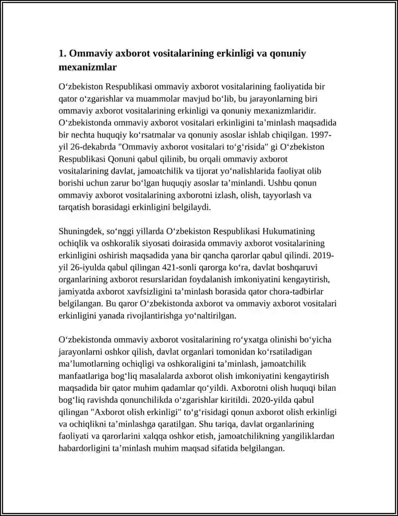 OʻZBEKISTON RESPUBLIKASIDA OMMAVIY AXBOROT VOSITALARINING FAOLIYATI (OʻZGARISH VA MUAMMOLAR) 3