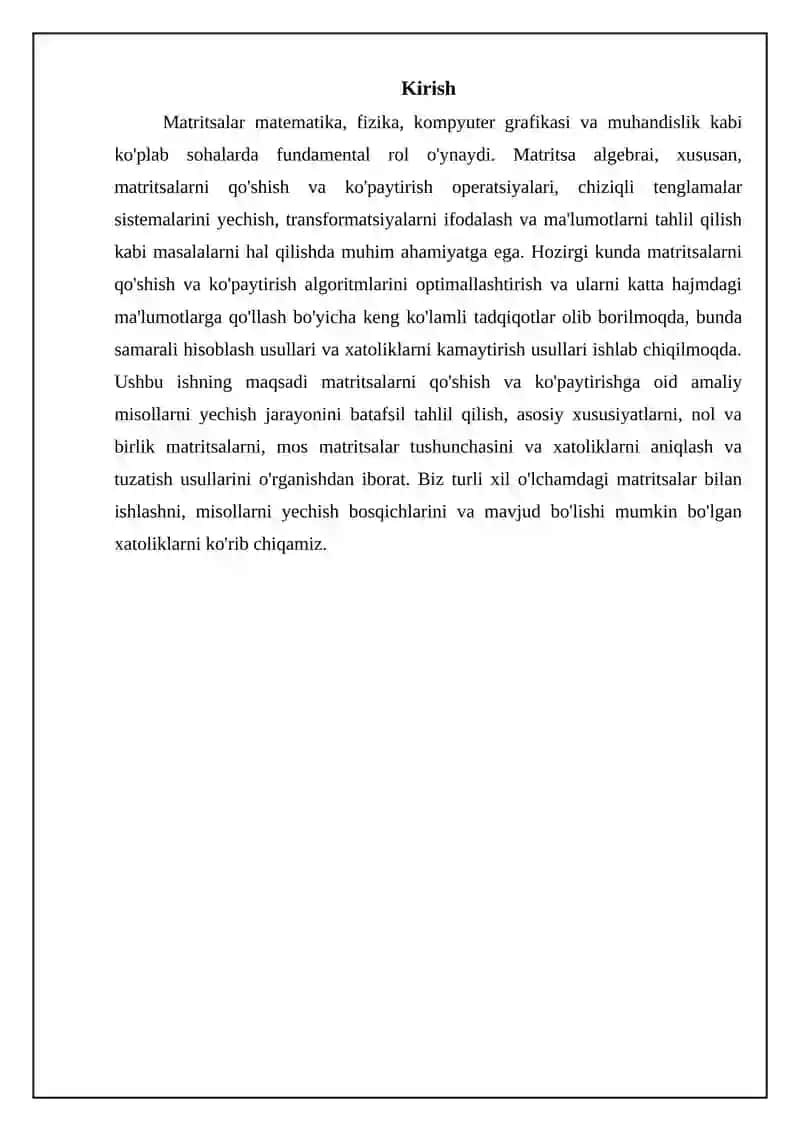Matritsalar bilan amallar: Qo'shish va Ko'paytirish 3