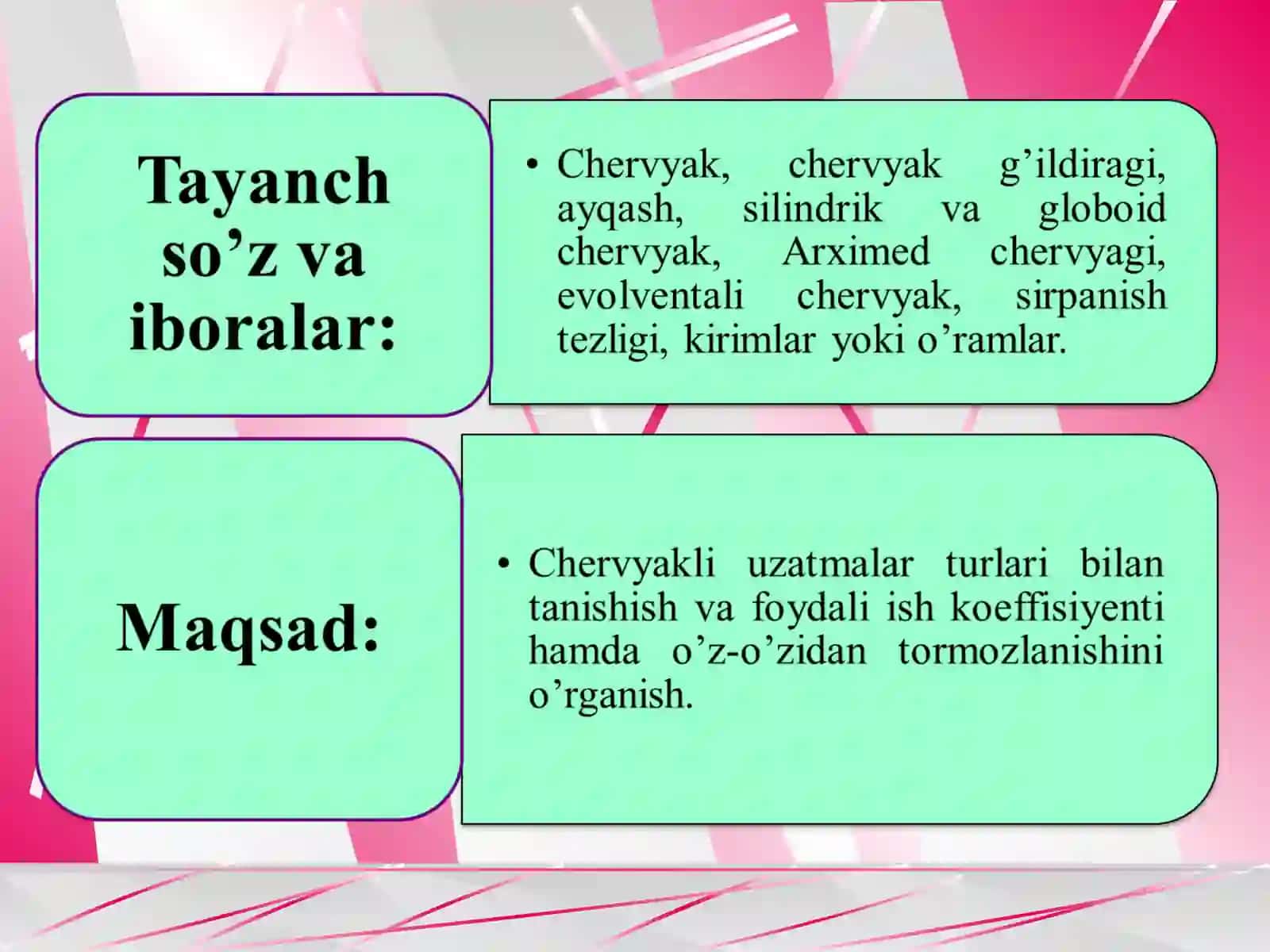 Chervyakli uzatmalar. Turlari, geometriyasi va kinematikasi. Uzatmaning foydali ish koeffitsienti. Chervyakli uzatmaga ta’sir qiladigan kuchlar 3
