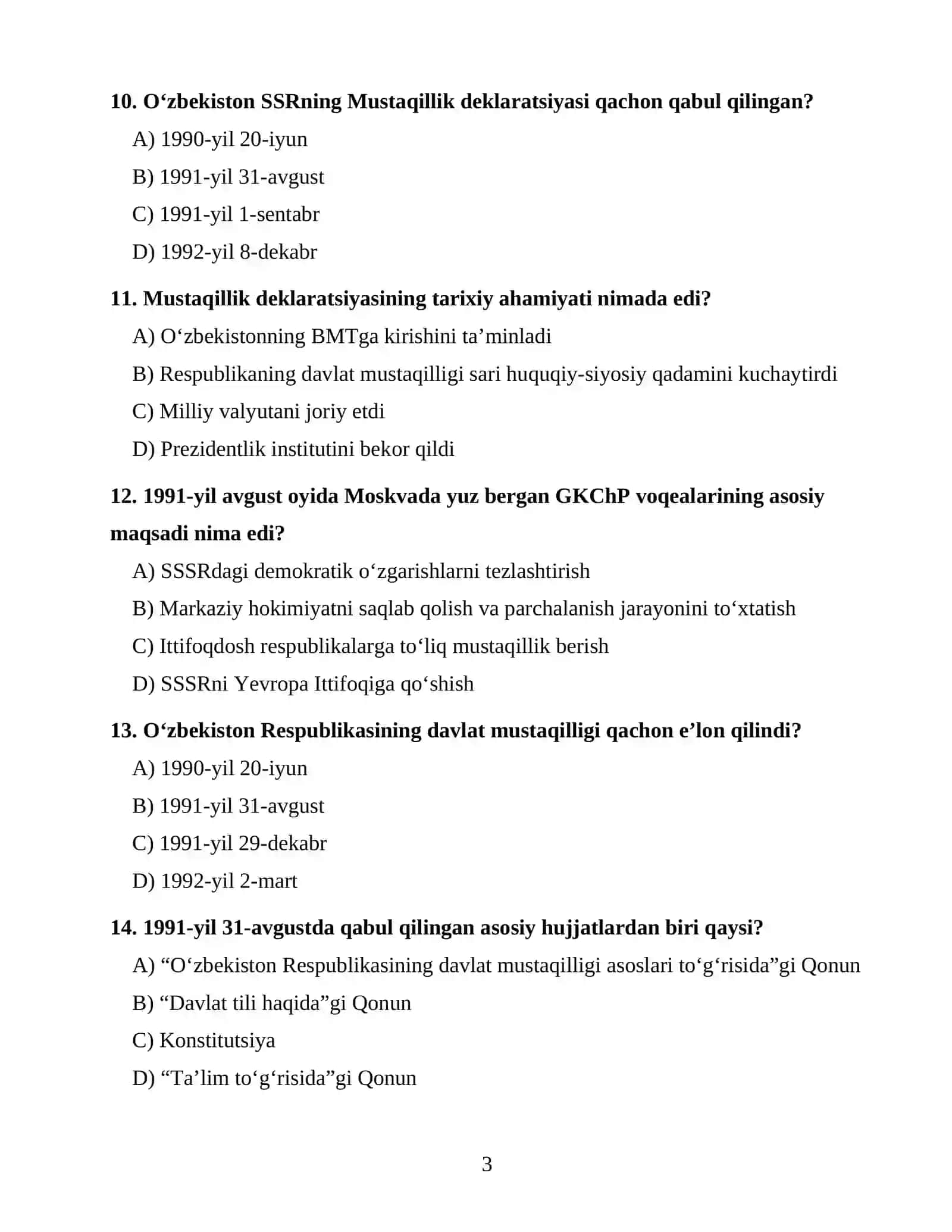 O‘ZBEKISTONNING ENG YANGI TARIXI FANIDAN 100 TA TEST SAVOLI 3