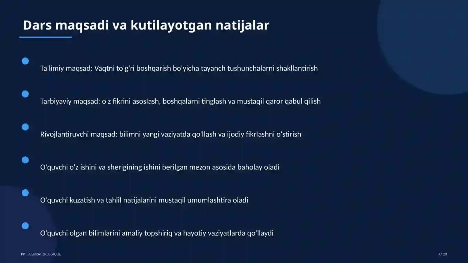 Sinf soati va tarbiyaviy tadbirlar (1– 11) — o'qituvchilar uchun 3
