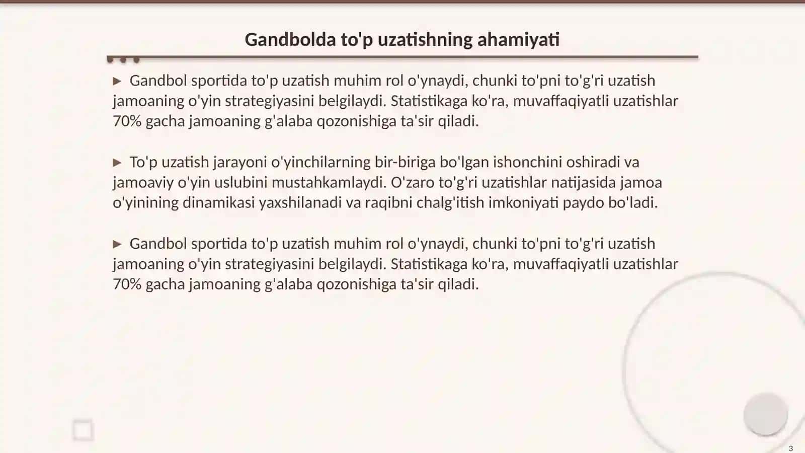 Gandbolda to'pni bir biriga uzatish mahoratini oshirish 3