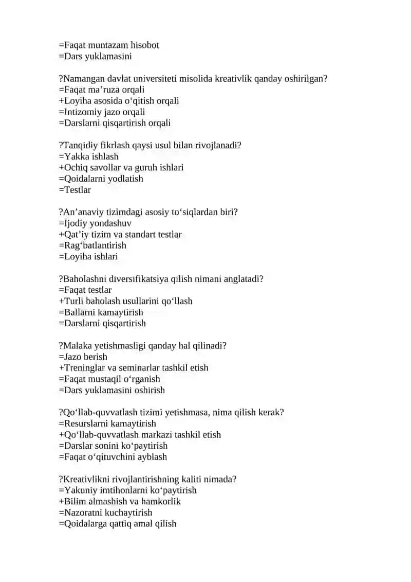 “GENERAL PEDAGOGY” fanidan UZB yo‘nalishi talabalari uchun test 3