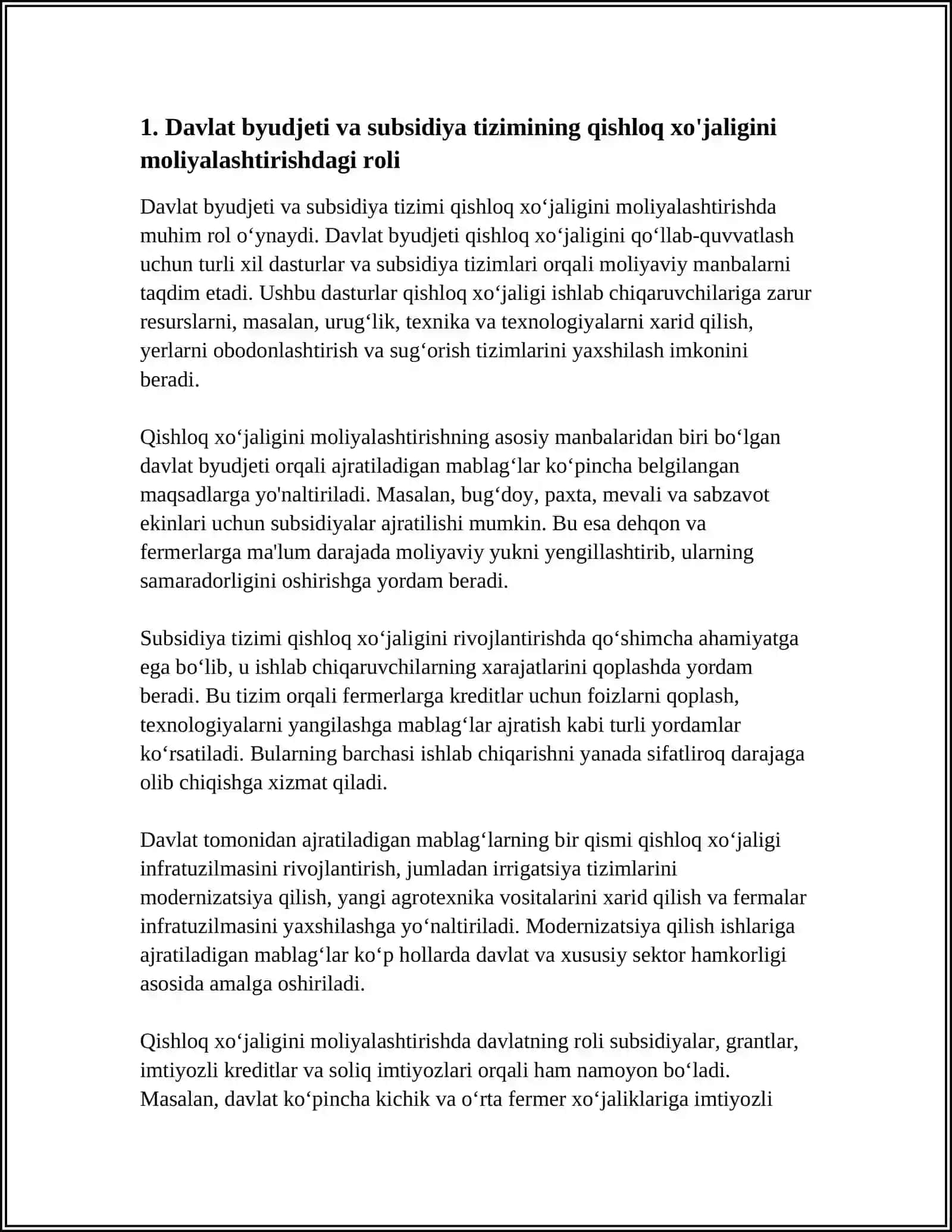 Qishloq xoʻjaligini moliyalashtirishning manbalari va ulardan samarali foydalanish 3