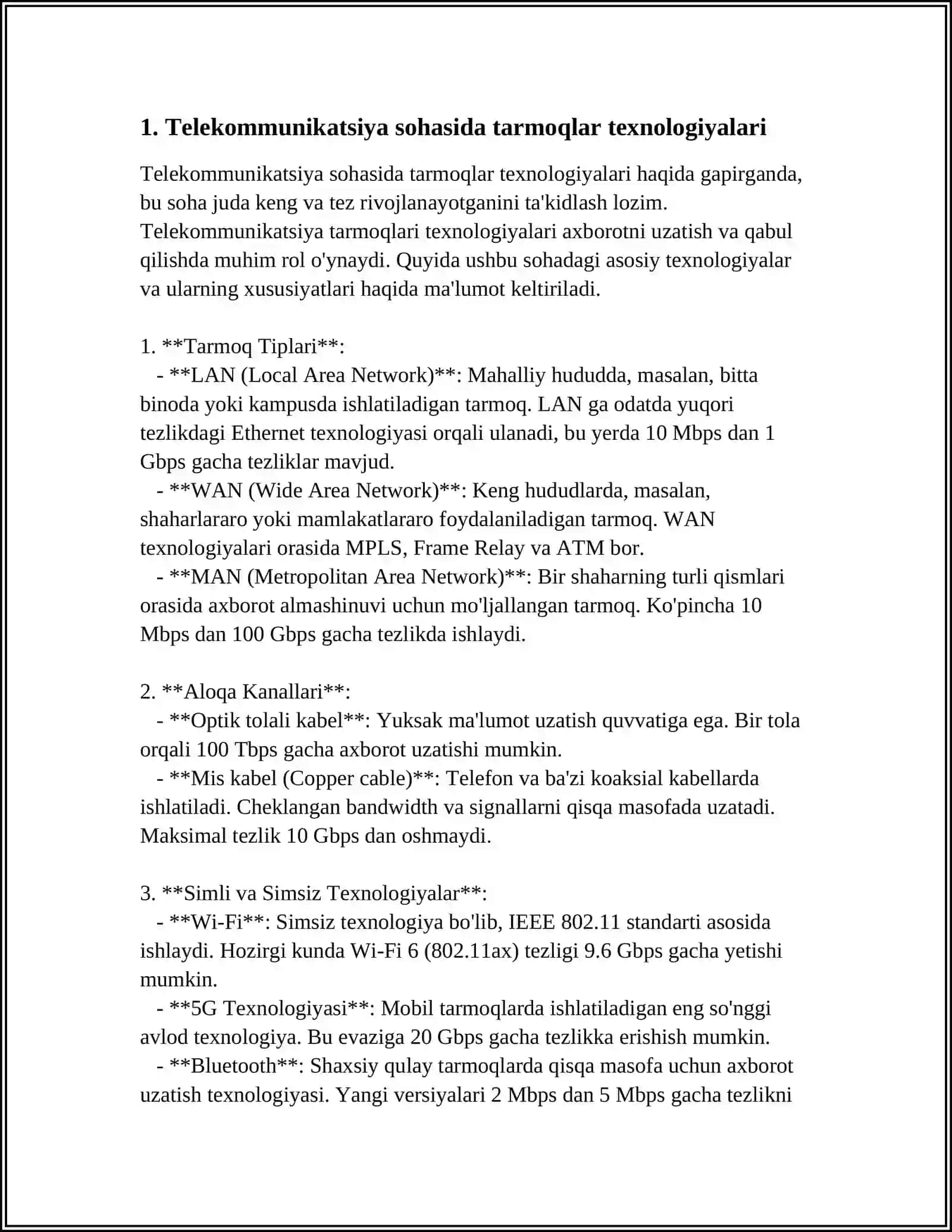 Telekommunikatsiya sohasida tarmoqlar texnologiyalari 3