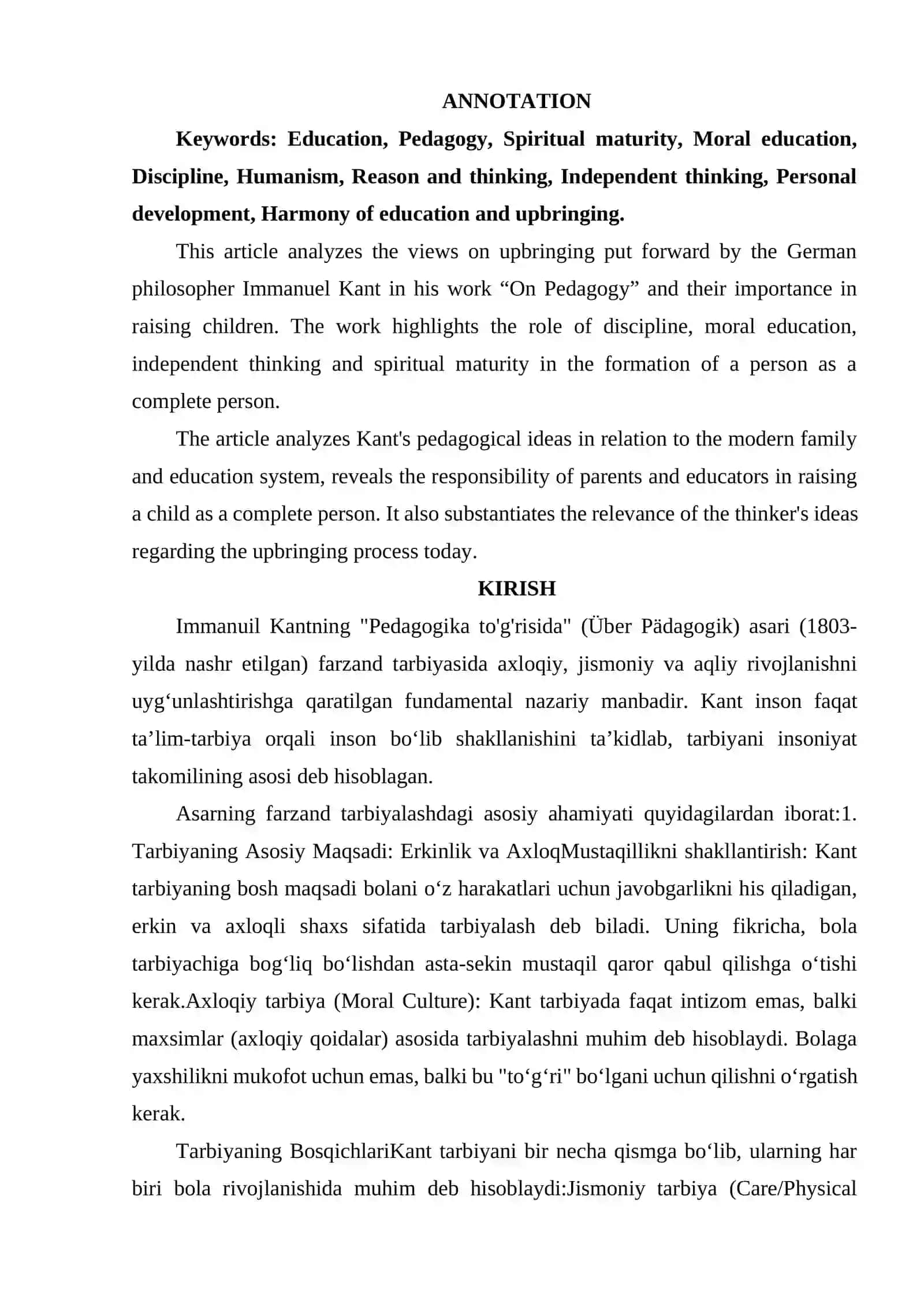 EMMANUEL KANTNING "PEDAGOGIKA TO'G'RISIDA" ASARINING FARZAND TARBIYALASHDAGI AHAMIYATI 3