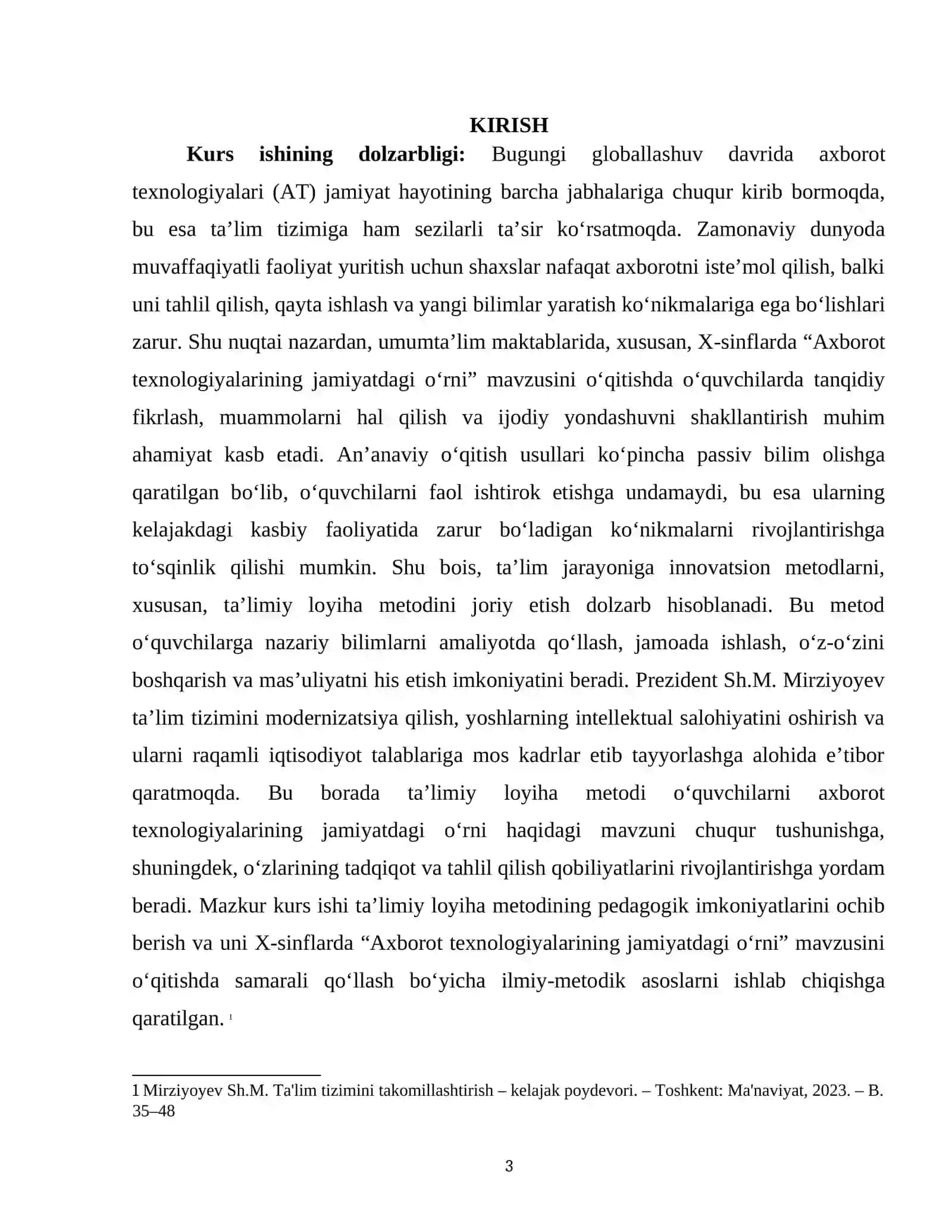 X-SINFLARDA “AXBOROT TEXNOLOGIYALARINING JAMIYATDAGI O‘RNI” MAVZUSINI O‘QITISHDA TA’LIMIY LOYIHA METODIDAN FOYDALANISH 3