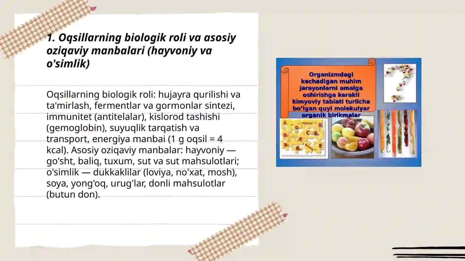 Asosiy oziqaviy moddalar – oqsillar, yog‘lar, karbonsuvlar, mineral moddalar va vitaminlarning biologik roli va asosiy manbalar 3