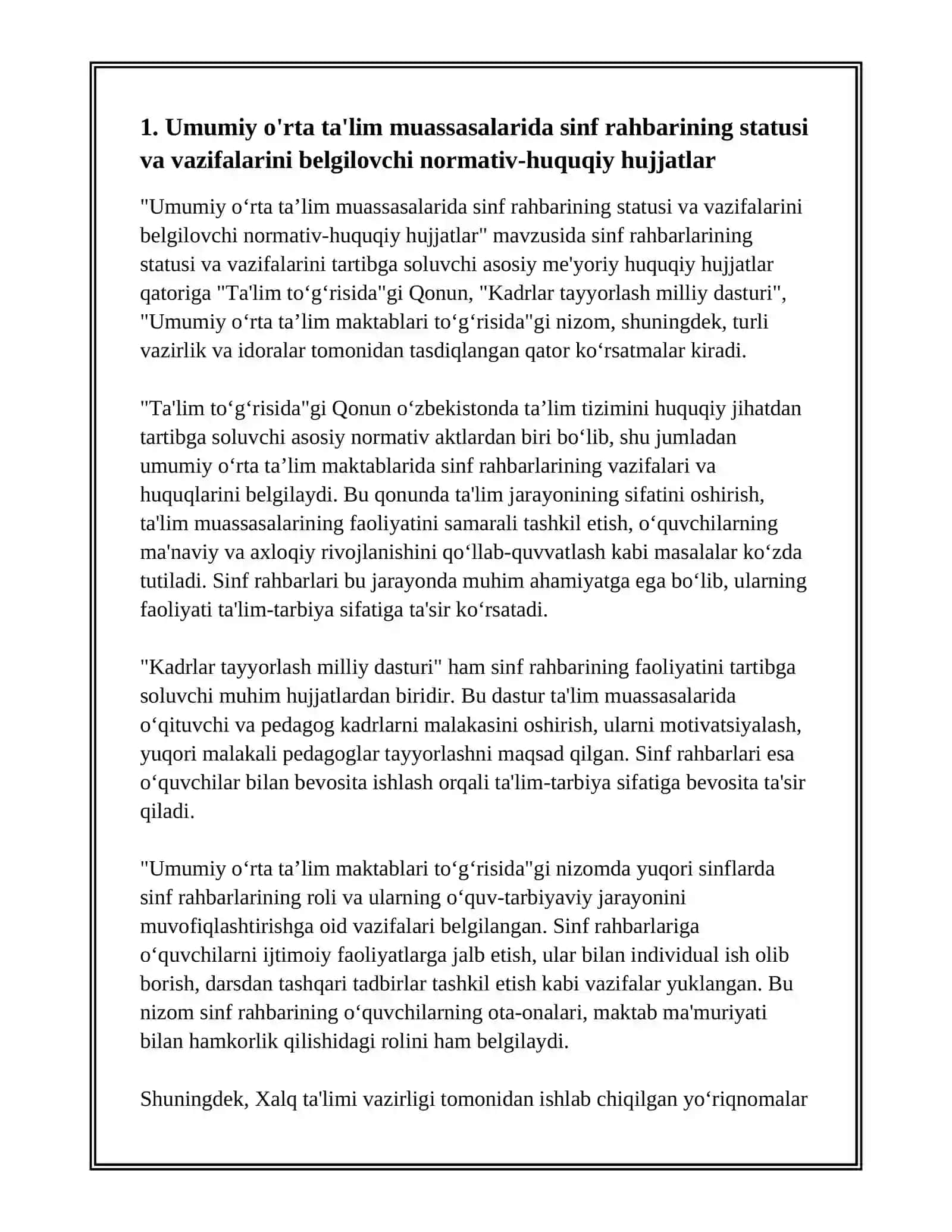 UMUMIY O'RTA TALIM MAKTAB SINF RAHBARLARINI FAOLIYATINI TARTIBGA SOLUVCHI MEYORIY HUQUQIY XUJJATLAR 3