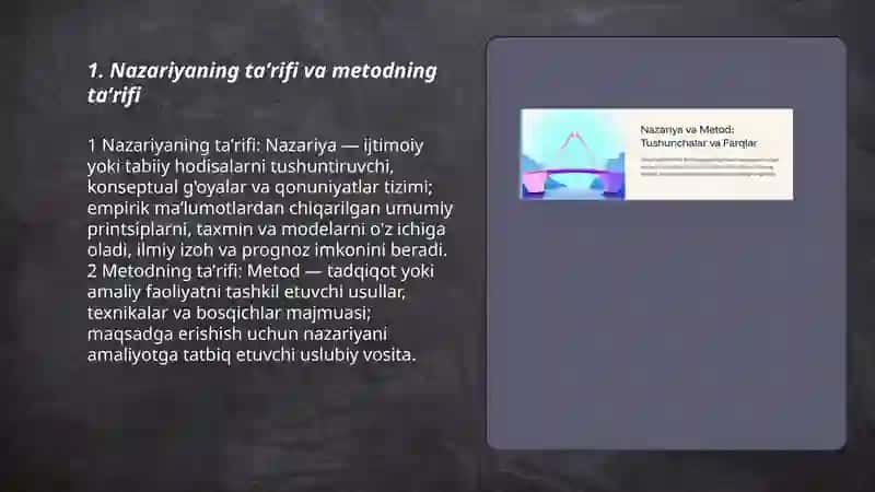 Nazariya va metodning asosiy farqlari nimalardan iborat 3