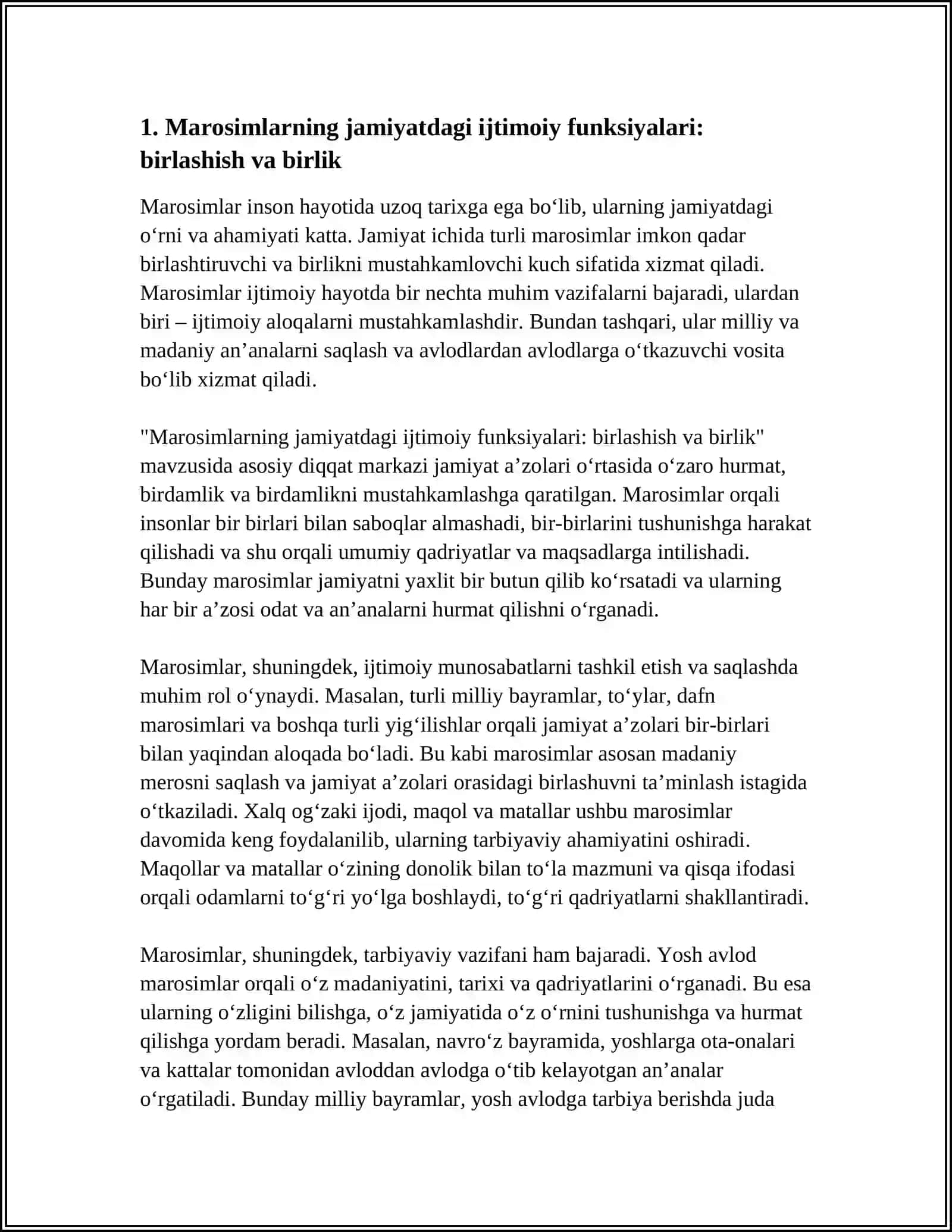 MAROSIMLAR VA ULARNING XALQ HAYOTIDAGI OʻRNI VA TARBIYAVIY AHAMIYATI.MAQOL VA MATALLAR-DONO FIKRLARNING IXCHAM IFODASI 3