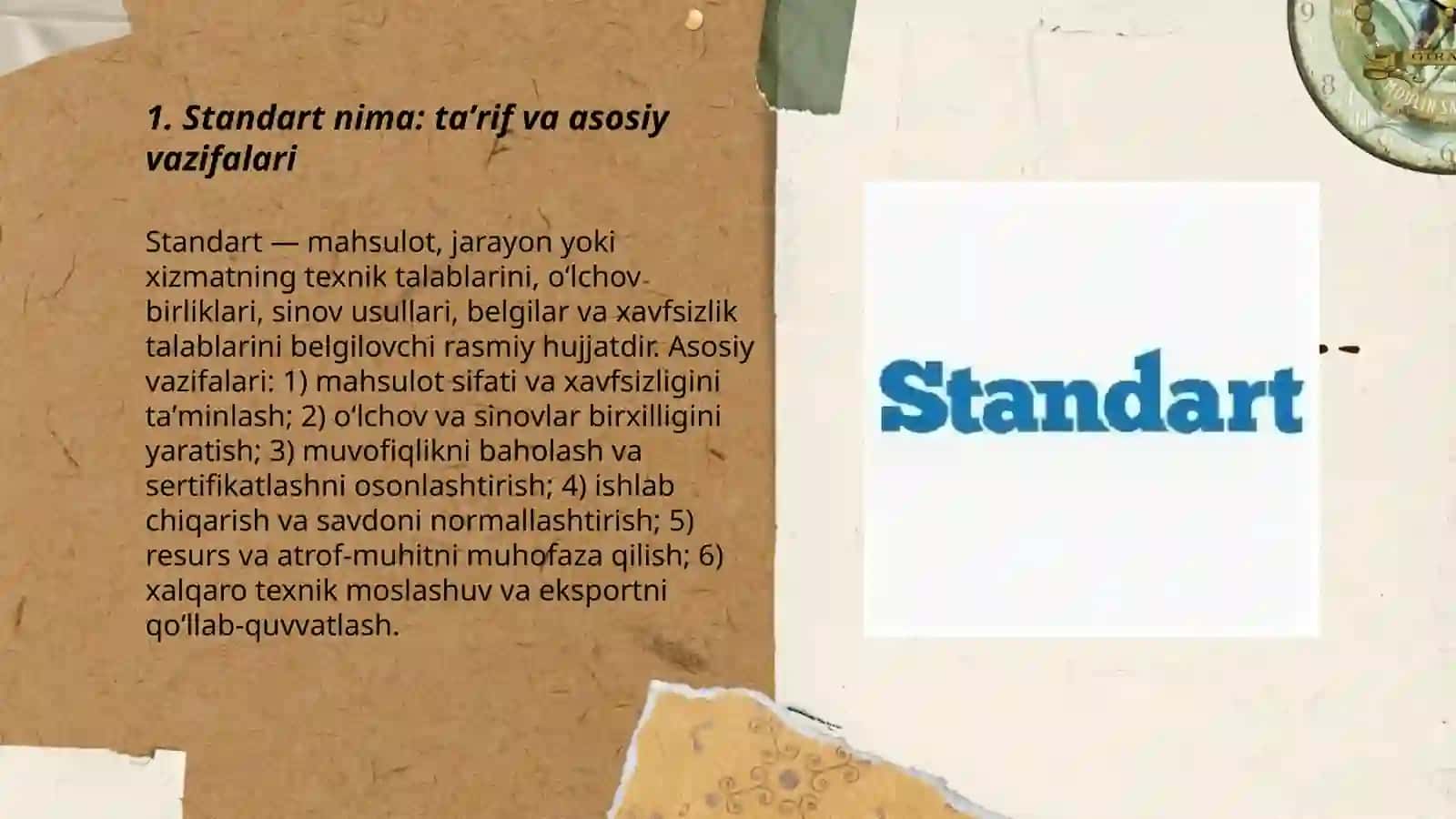 Standart va ularning turlari, ishlab chiqish tartiblari, tasdiqlanishi va royxatdan o'tkazish tartib qoidalarini o'rganish 3