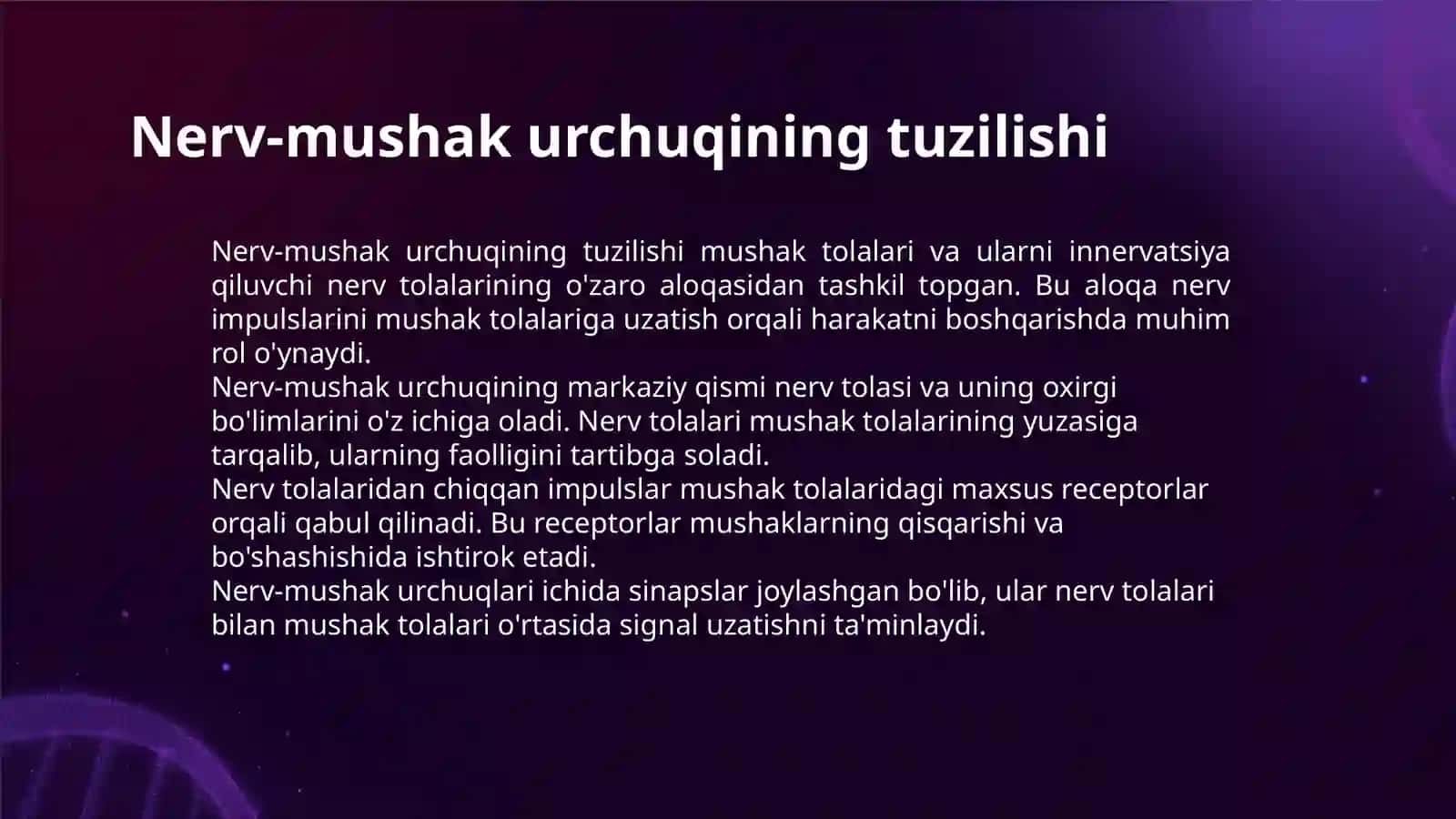 NERV-MUSHAK URCHUQLARINING TUZILISHI VA ISHLASH PRINSIPI. NEYRONLARDA NERV IMPULSLARINI HOSIL BO’LISHI MEXANIZMLARI. NERV TOLALARI BO’YLAB QO’ZG’ALISHNING O’TISH MEXANIZMI. NERV TOLASINING DEGENERATSIYASI VA REGENERATSIYASI 3