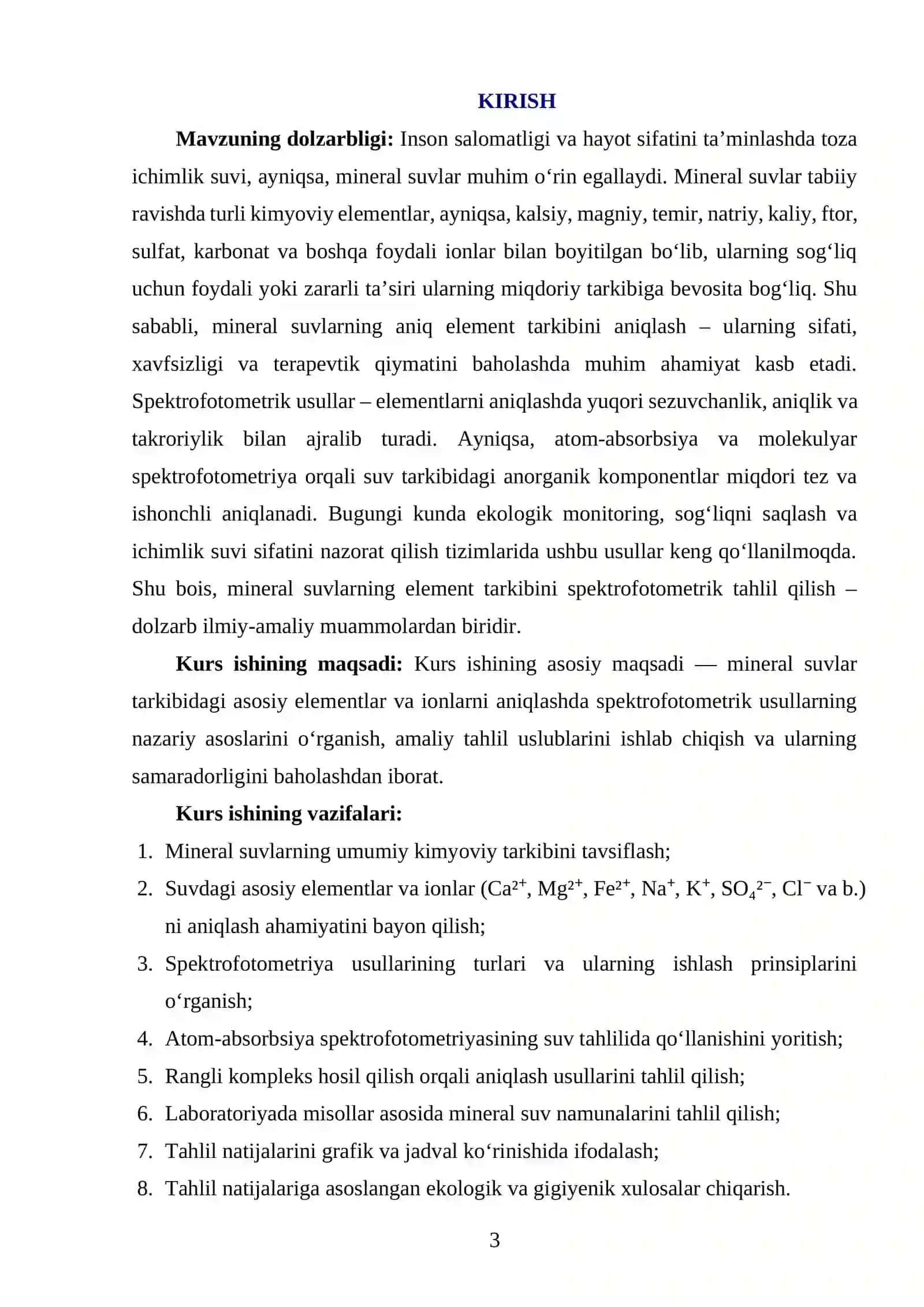 “MINERAL SUVLARNING ELEMENT TARKIBINI ANIQLASHNING SPEKTROFOTOMETRIK USULLARI” MAVZUSIDA YOZGAN KURS ISHI 3