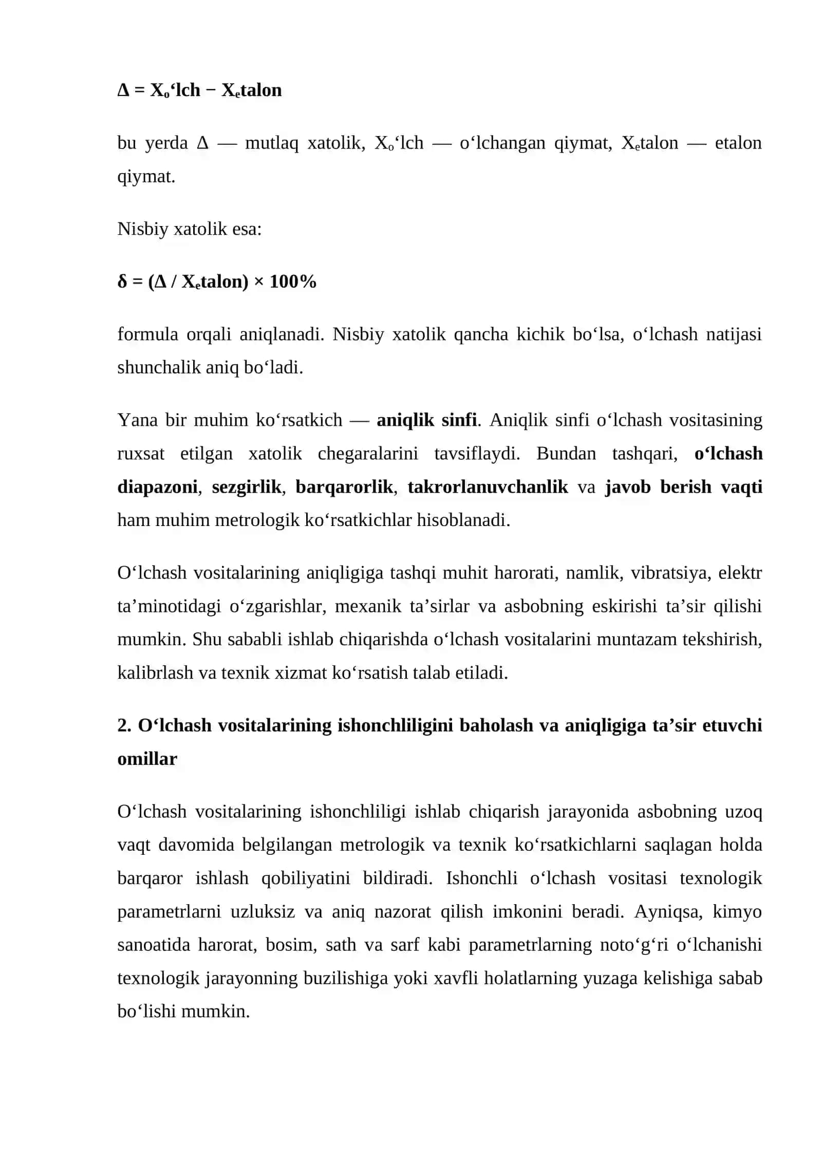 mustaqil ish O‘lchash vositalarining ishlab chiqarishdagi ishonchliligi va aniqligini tahlil qilish. 3
