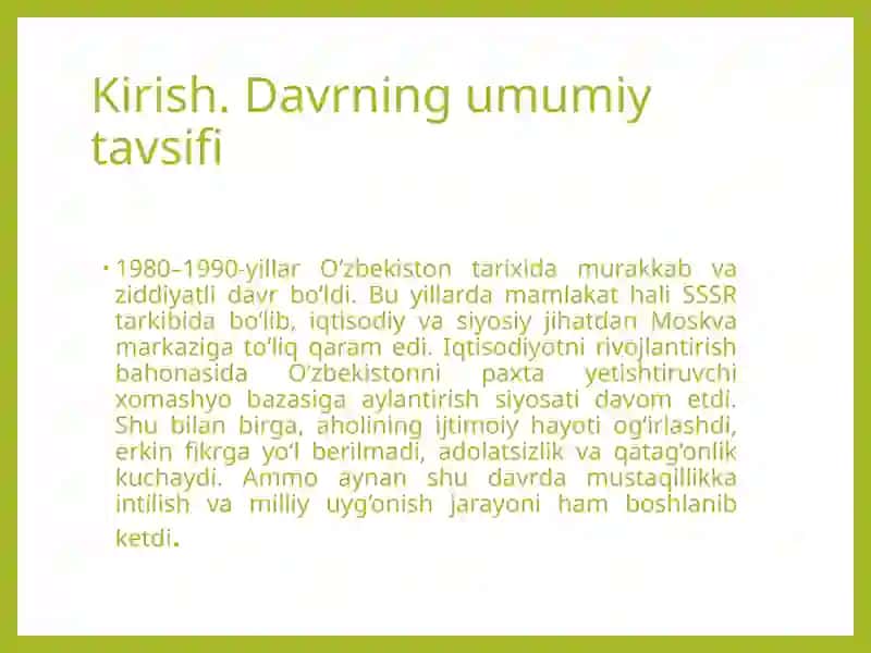 Oʻzbekistonda 1980–1990-yillardagi ijtimoiy-siyosiy vaziyat: paxta yakka hokimligi va qatagʻonliklar 3