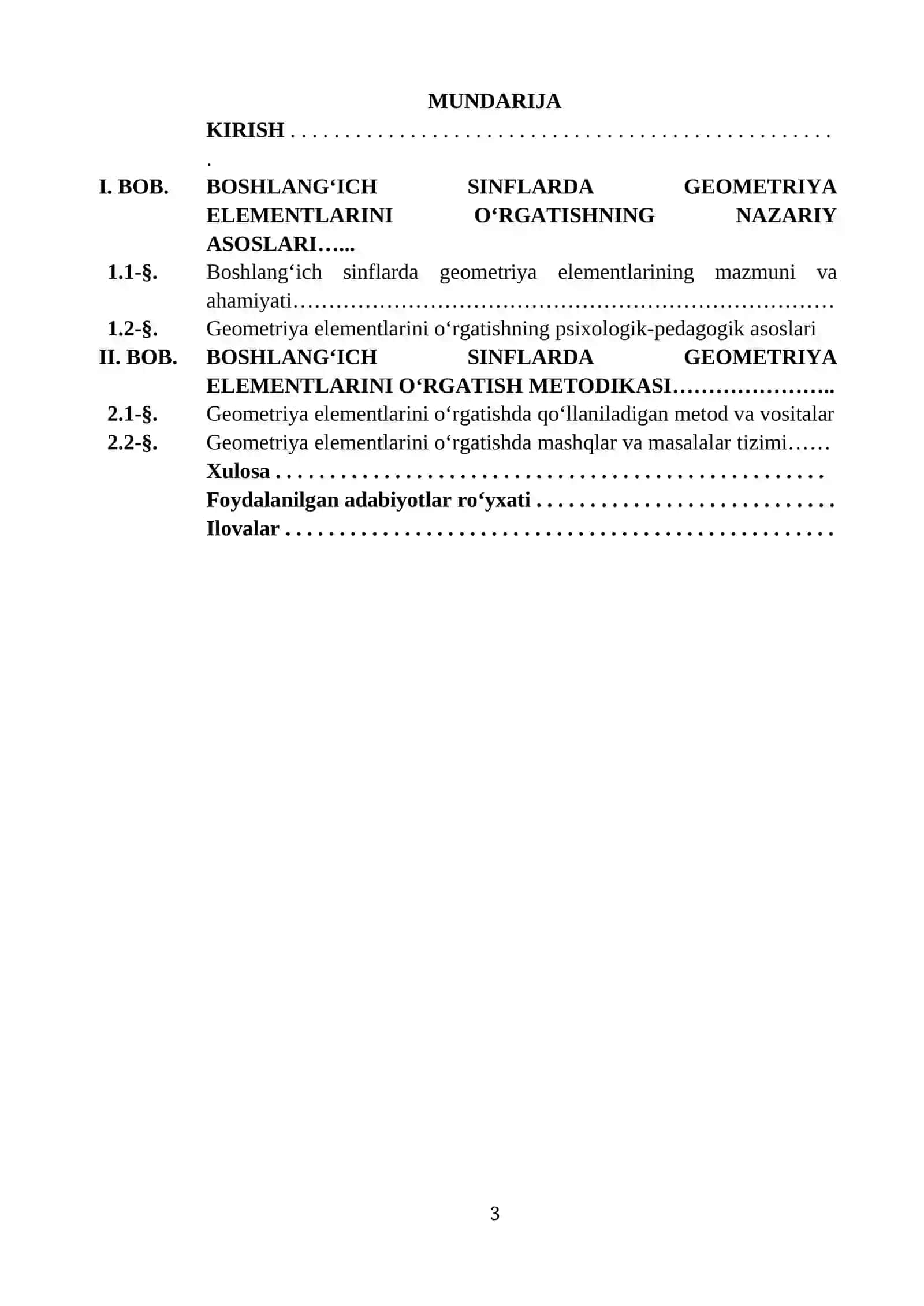 “BOSHLANG‘ICH SINFLARDA GEOMETRIYA ELEMENTLARINI O‘RGATISH METODIKASI” MAVZUSIDA TAYYORLAGAN KURS ISHI 3
