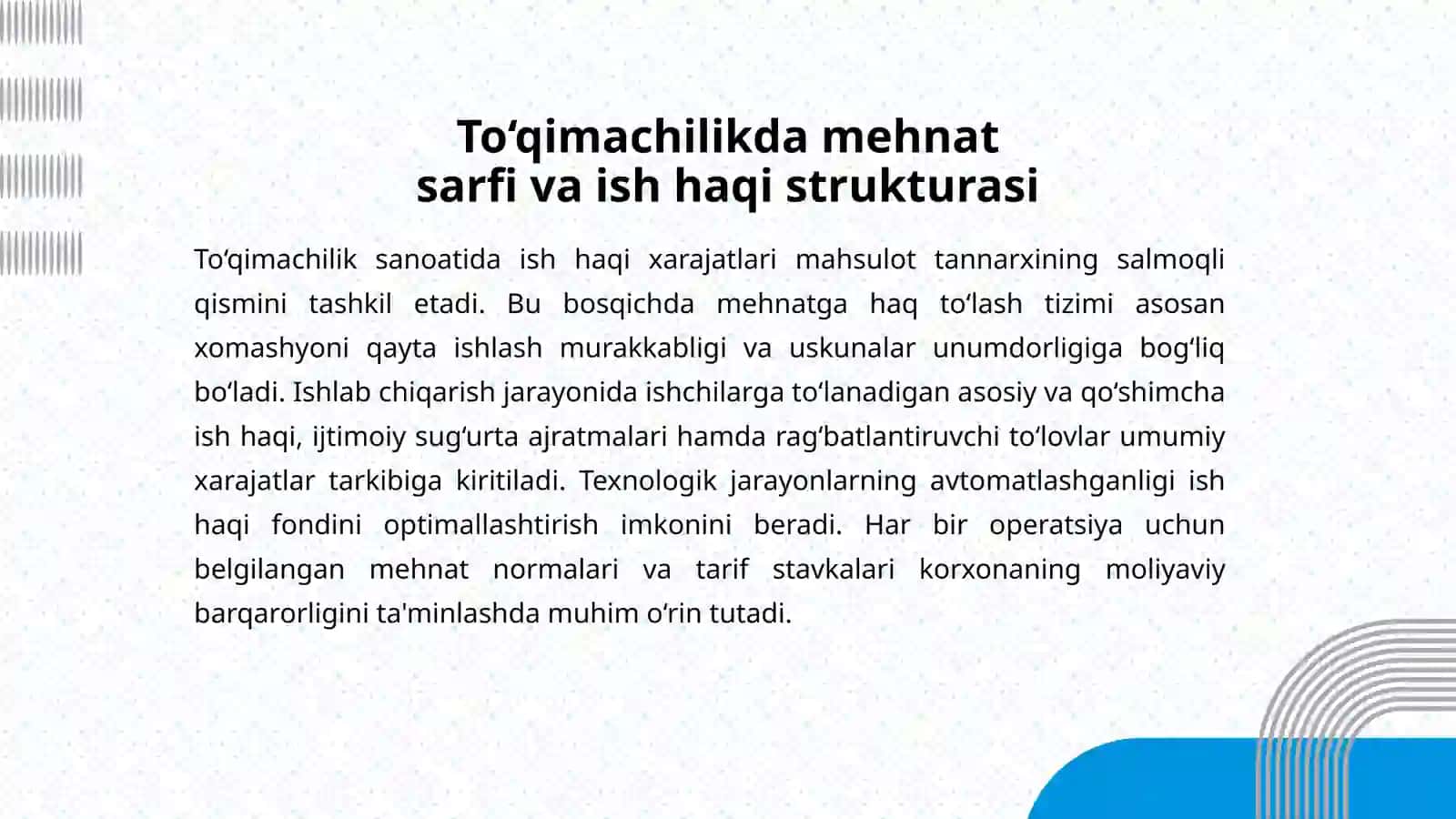Ushbu taqdimot doirasida to‘qimachilik korxonalarining iqtisodiy samaradorligini belgilovchi uch ta asosiy yo‘nalish ko‘rib chiqiladi 3