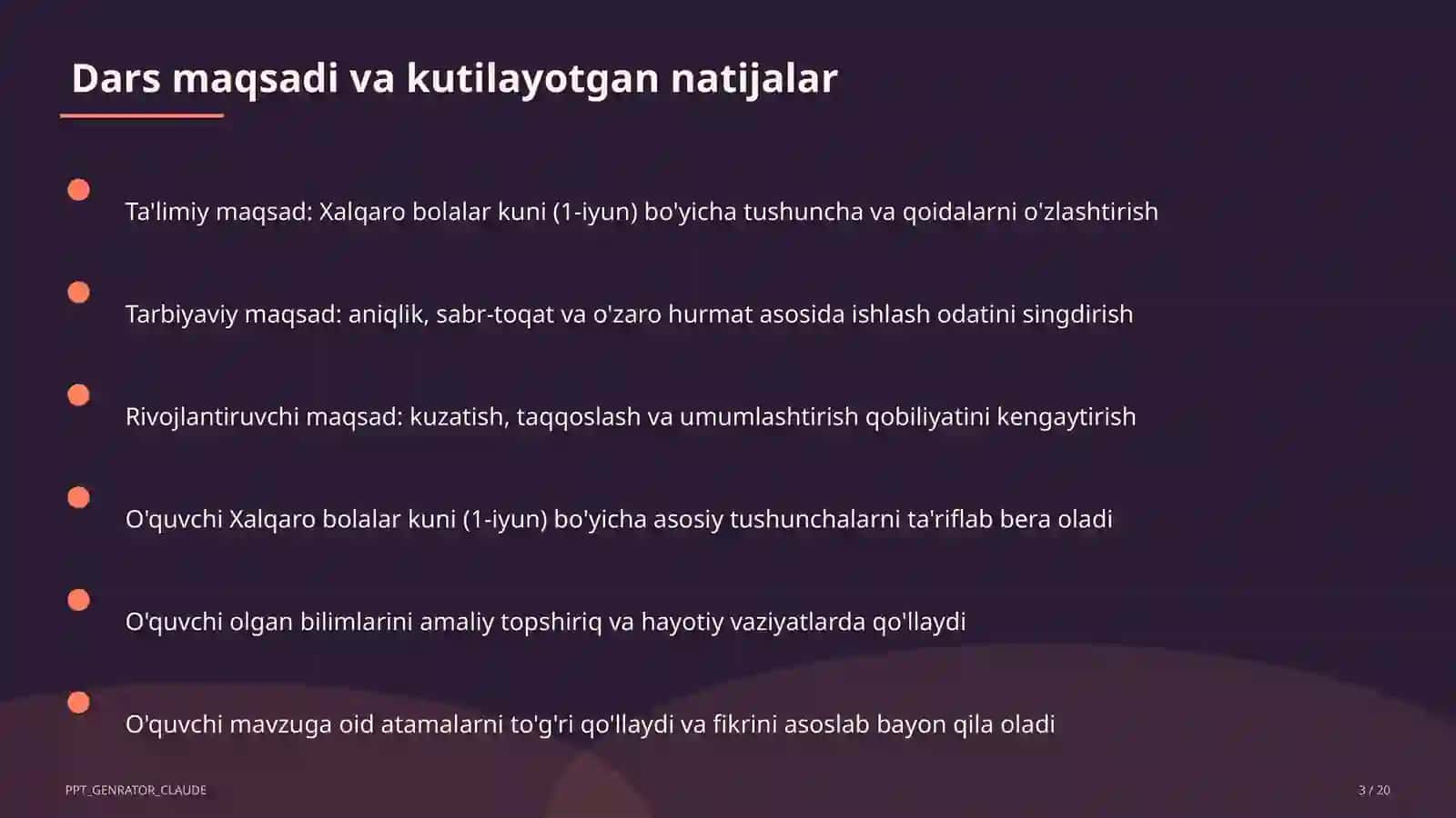 Sinf soati va tarbiyaviy tadbirlar (1–11) — ochiq dars uchun 3