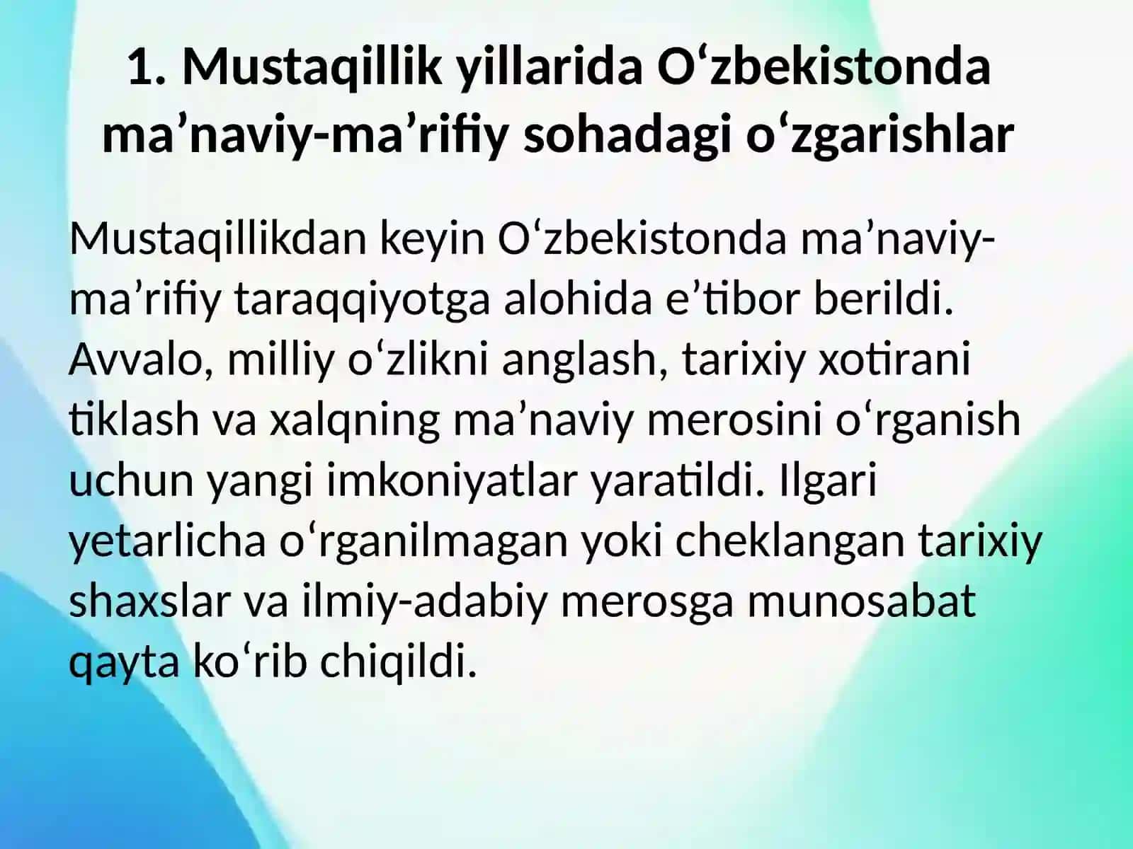 O‘zbekistonda ma’naviy va madaniy taraqqiyot, ijtimoiy siyosat va aholi turmush darajasining yaxshilanishi 3