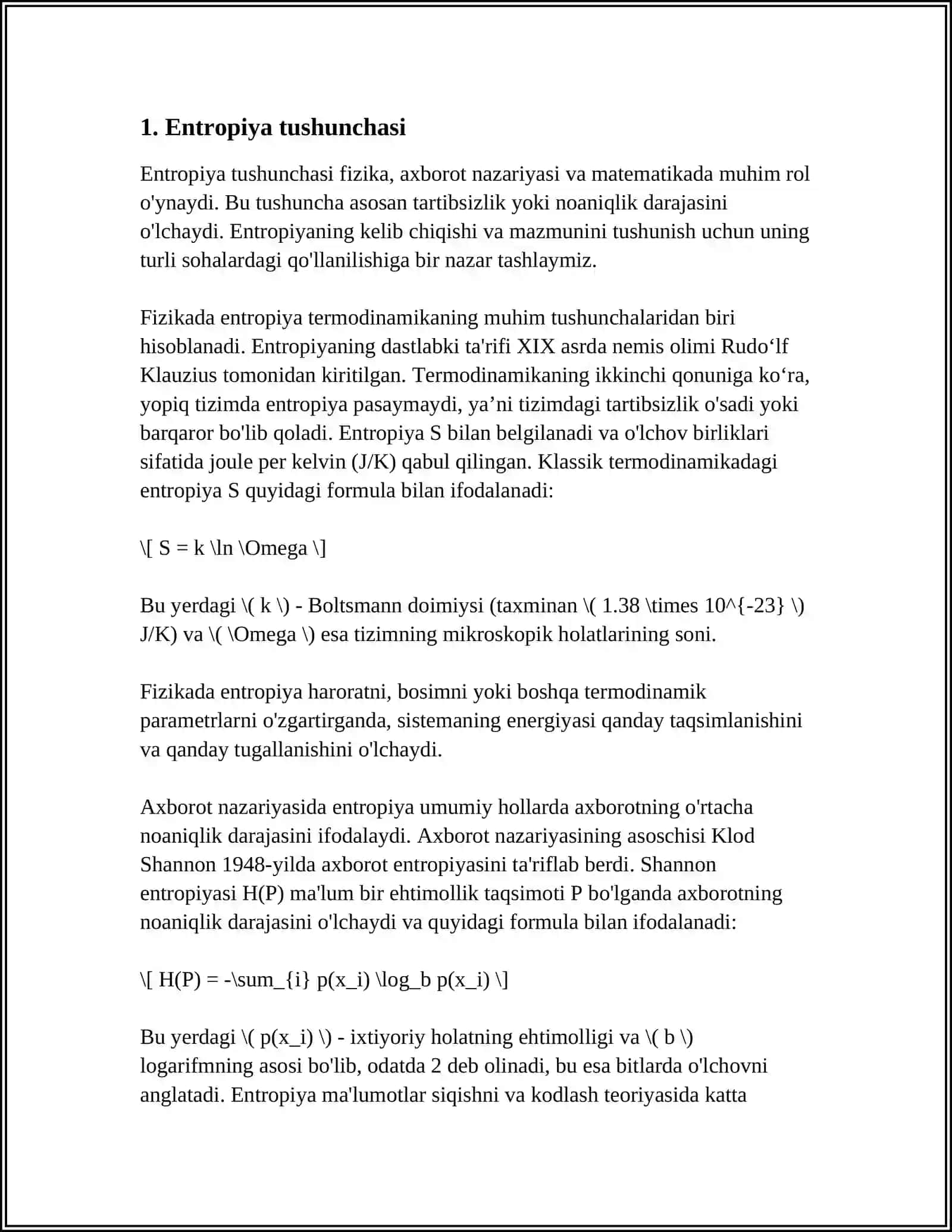 ENTROPIYA.YAKKALANGAN MUVOZANATSIZ HOLATIDAGI TIZIM ENTROPIYASINI MAKRO HOLATINING STATISTIK VAZNI ORQALI ANIQLASH. ENTROPIYANING OʻSISH PRINSIPI 3