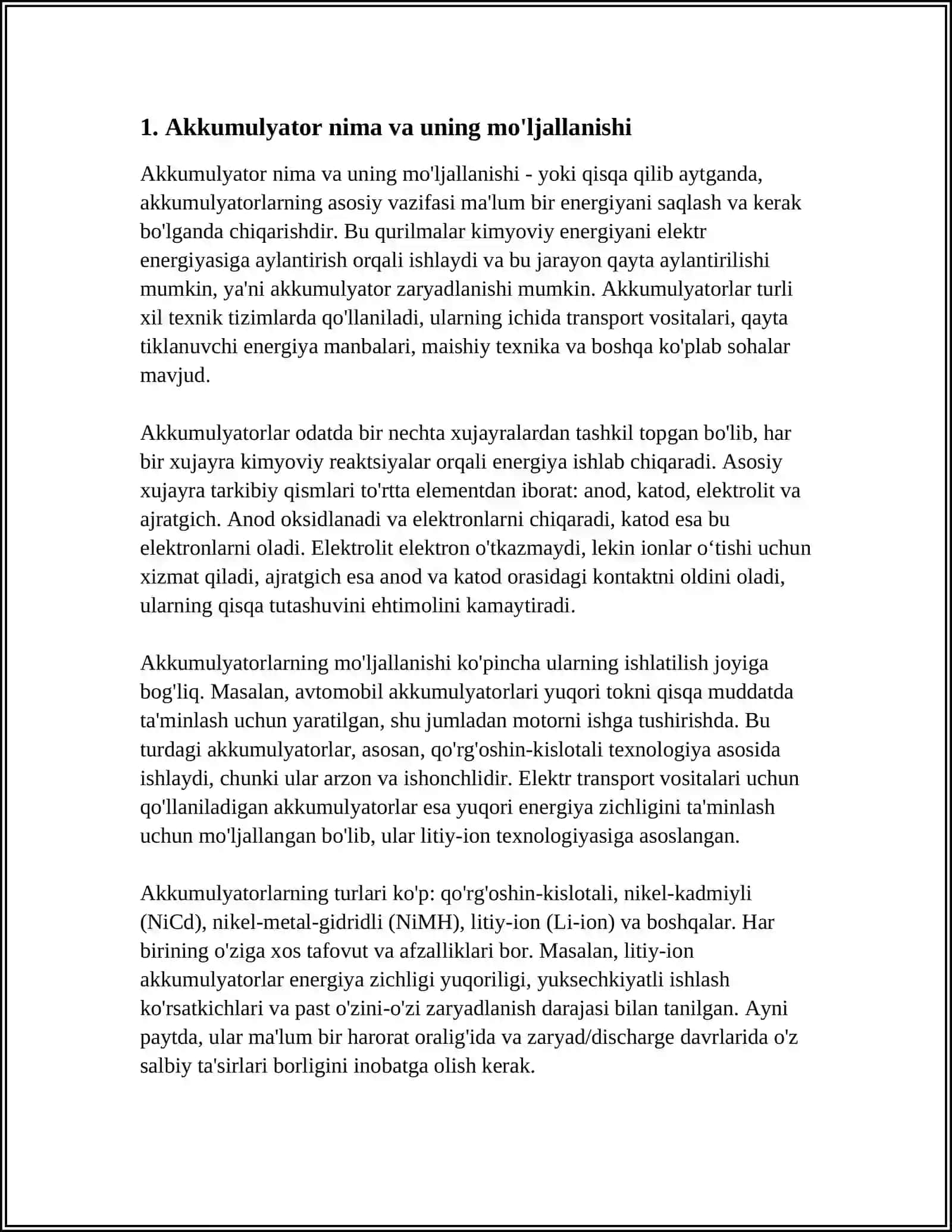 AKKUMLYATOR BATAREYALARI.MO'LJALLANISHI, TURLARI,TEXNIK TAVSIFLARI 3