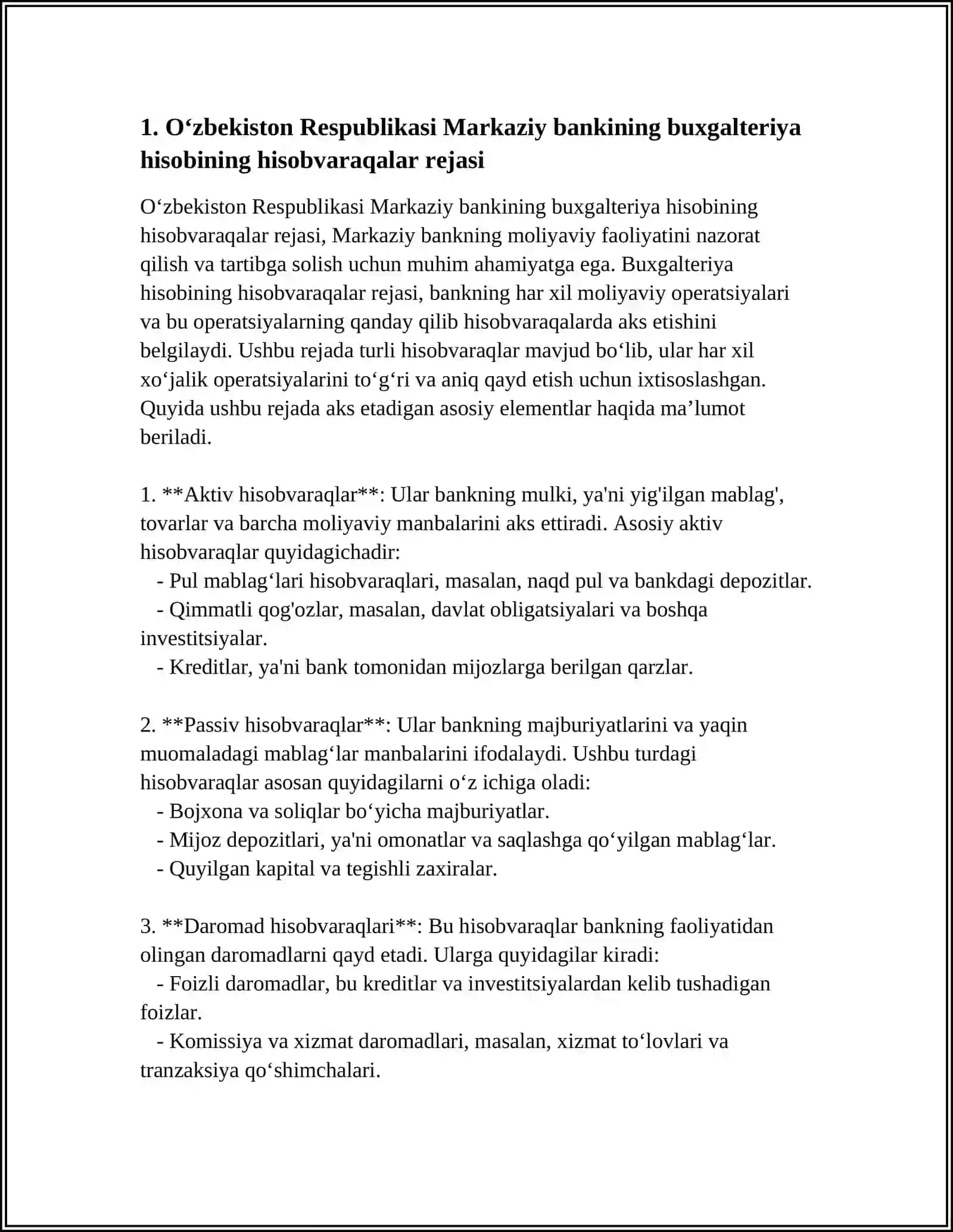 O‘ZBEKISTON RESPUBLIKASI MARKAZIY BANKI VA TIJORAT BANKLARI BUXGALTERIYA HISOBINING HISOBVARAQALAR REJALAR 3