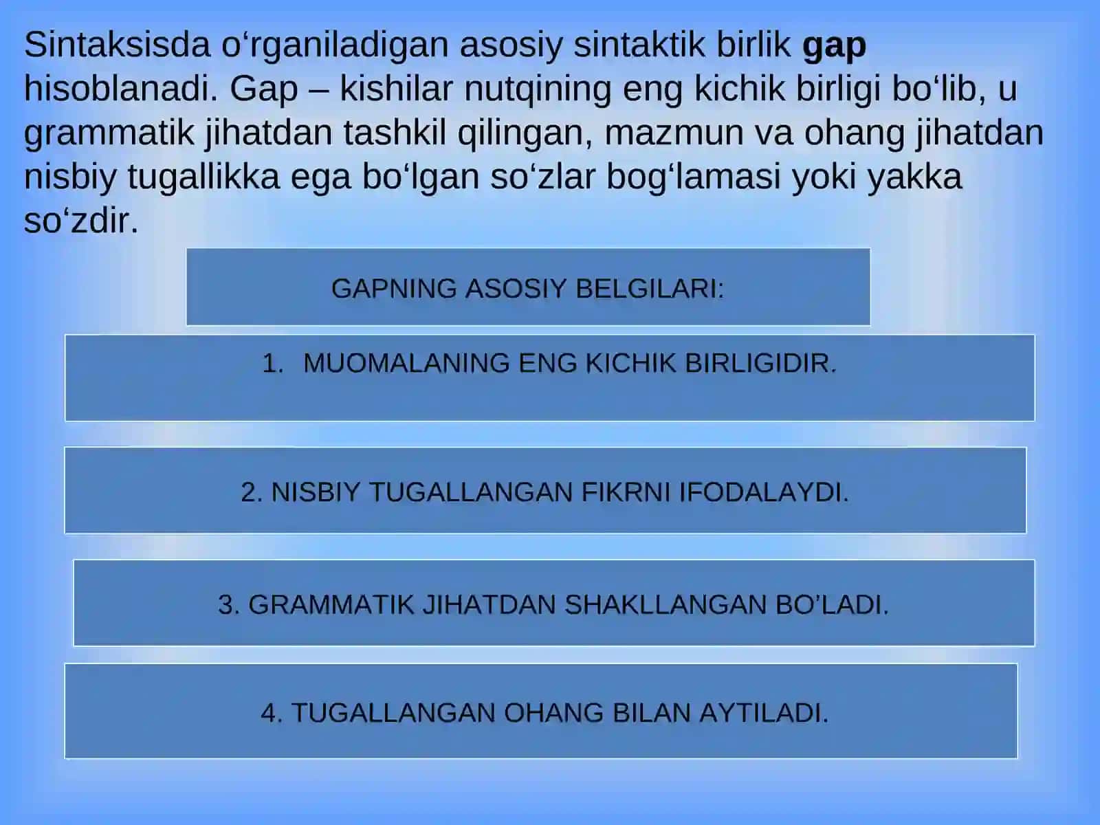 Gap bo‘laklari. Bosh bo‘laklar. Ega, uning ifodalanishi. Kеsim, uning ifodalanishi, turlari. Bog`lama. Kеsimning ega bilan shaxs va sonda mosligi.Ega bilan kеsim orasida tirе(-)ning ishlatilishi 3