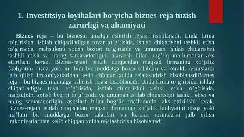 INVESTITSIYA LOYIHASI BO‘YICHA BIZNES-REJA TUZISH 3