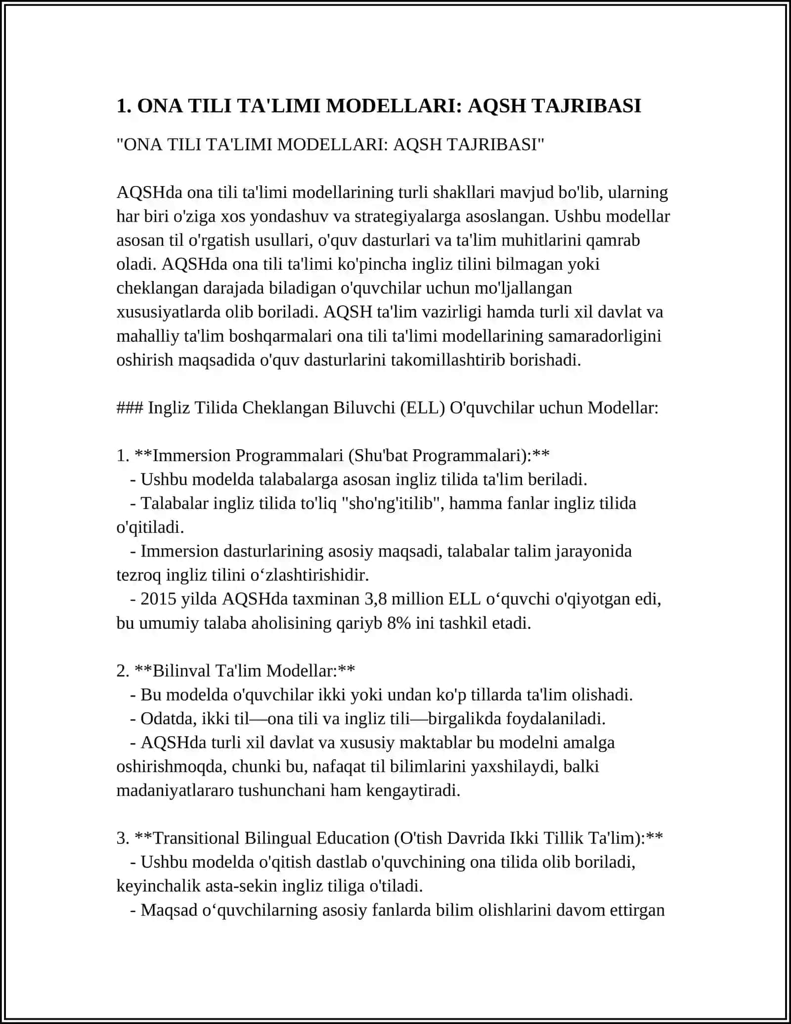 ONA TILI TA'LIMI MODELLARI: AQSH TAJRIBASI 3