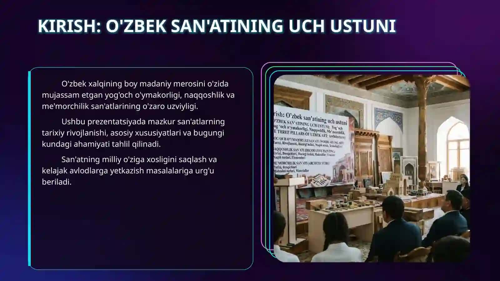 Yog‘och o‘ymakorligi, naqqoshlik va me’morchilik san’ati. Yog‘och o‘ymakorligi san’ati tarixi, uning rivojlanish bosqichlari, hozirgi ahvoli va imkoniyatlari. Yog‘och o‘ymakorligi maktablari va ustalari. Yog‘och o‘ymakorligida naqsh atamalari. Yog‘ochga naqsh solish texnologiyasi. Yog‘och o‘ymakorligida ishlatiladigan asboblari, uskunalar va o‘lchov asboblari. Naqqoshlik san’ati tarixi, uning rivojlanish bosqichlari, hozirgi ahvoli va imkoniyatlari. Naqqoshchilik maktablari va ustalari. Naqqoshl 3