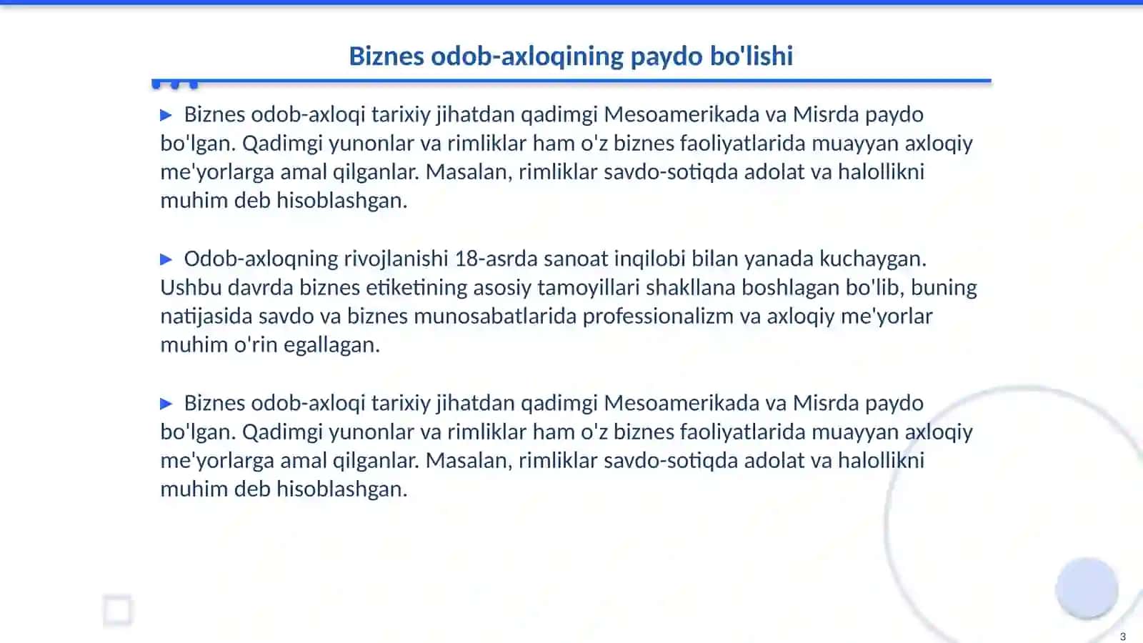 Biznes odob-axloqining tarixi va tamoyillari. Biznes etiket fanidan 3