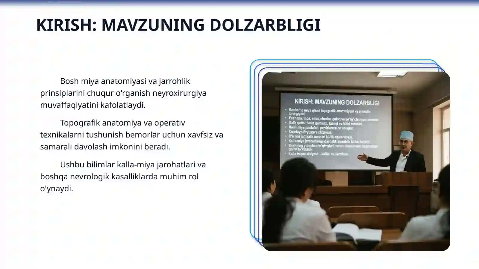 Boshning miya qismi topografik anatomiyasi va operativ xirurgiyasi. Peshona, tepa, ensa, chakka, quloq va so'rg'ichsimon sohalar. Kalla qutisi: kalla gumbazi, tashqi va ichki asoslari. Bosh miya pardalari, pardalararo bo'shliqlar. Bosh miya topografik anatomiyasi. Kronleyn-Bryusova chizmasi. O'n ikki juft kalla nervlari klinik anatomiyasi. Kalla-miya jarohatlariga dastlabki jarrohlik ishlov berish. Boshning yumshoq to'qimalari, venoz sinuslardan ketayotgan qonni to'xtatish. Kalla trepanatsiyasi: 3