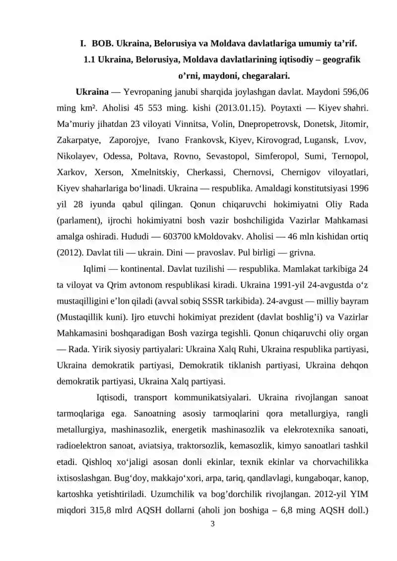 Ukraina, Belorusiya va Moldava Davlatlariga Qiyosiy Iqtisodiy-Geografik Tavsifi 3
