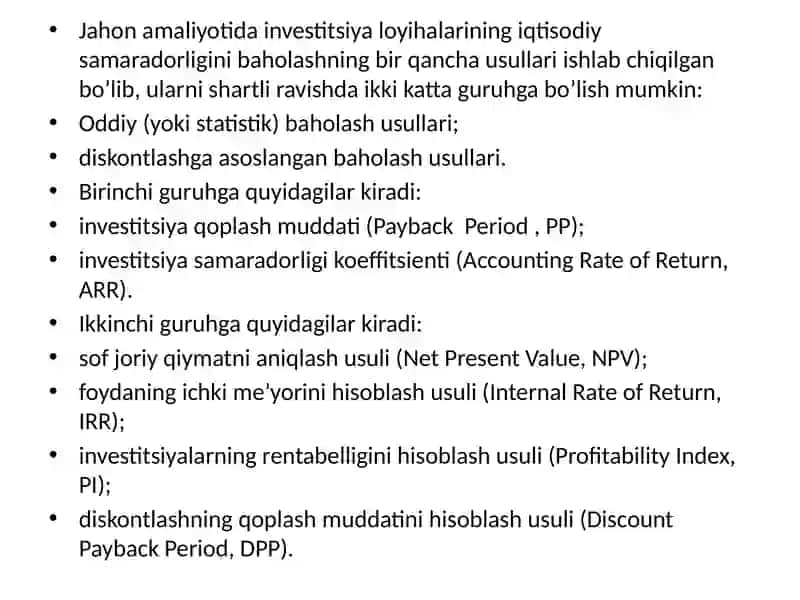 Investitsiyaloyihalarining moliyaviy vaiqtisodiy samaradorligini baholash mazmuni va mohiyati 3