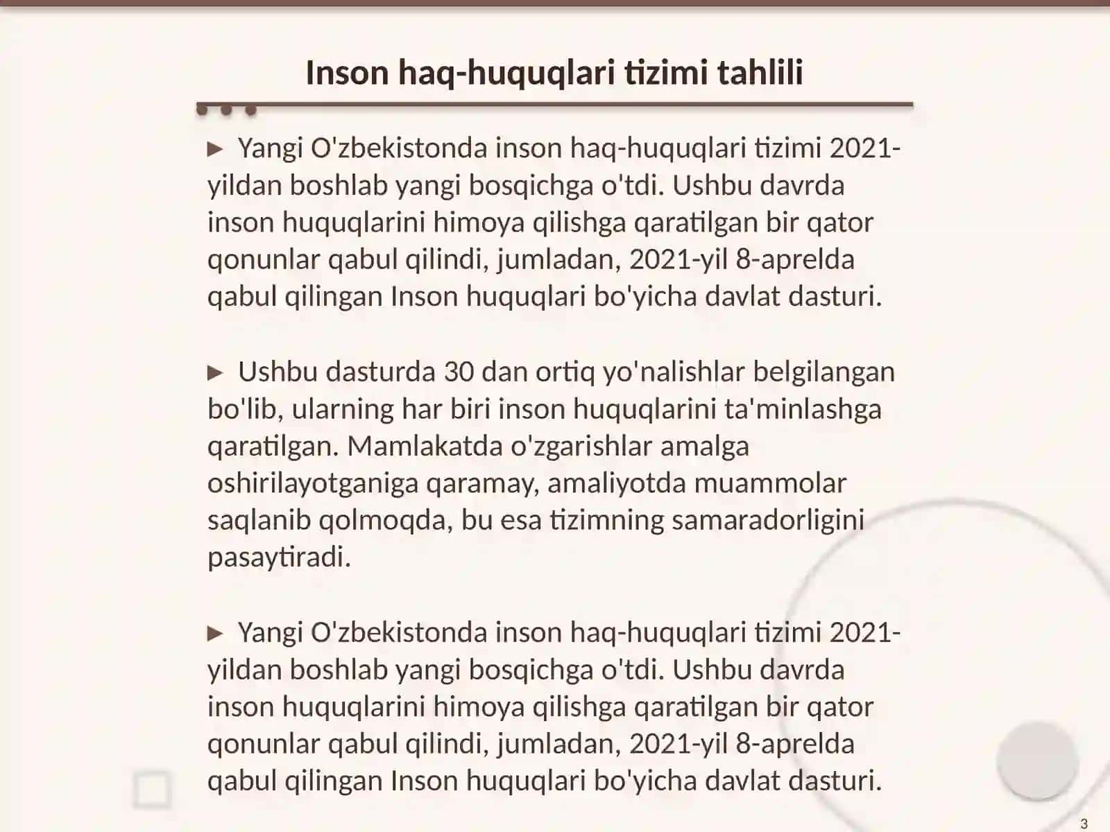 Yangi Õzbekistonda inson haq-huquqlari va erkinliklari kafolatining yaratilishi mavzuga oid manbalarni tahlil qilish 3