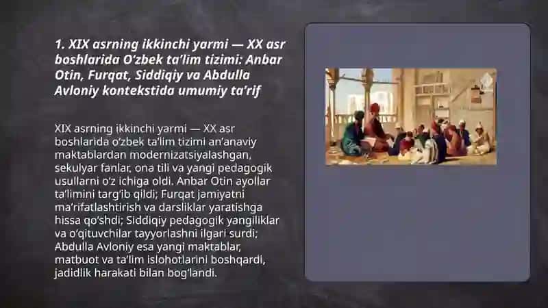 XIX asrning ikkinchi yarmi va XX asr boshlarida taʼlim va pedagogik fikrlar (Anbar Otin Furqat Siddiqiy Abdulla Avloniylarning taʼlim tarbiya taraqqiyotida tutgan oʻrni) 3