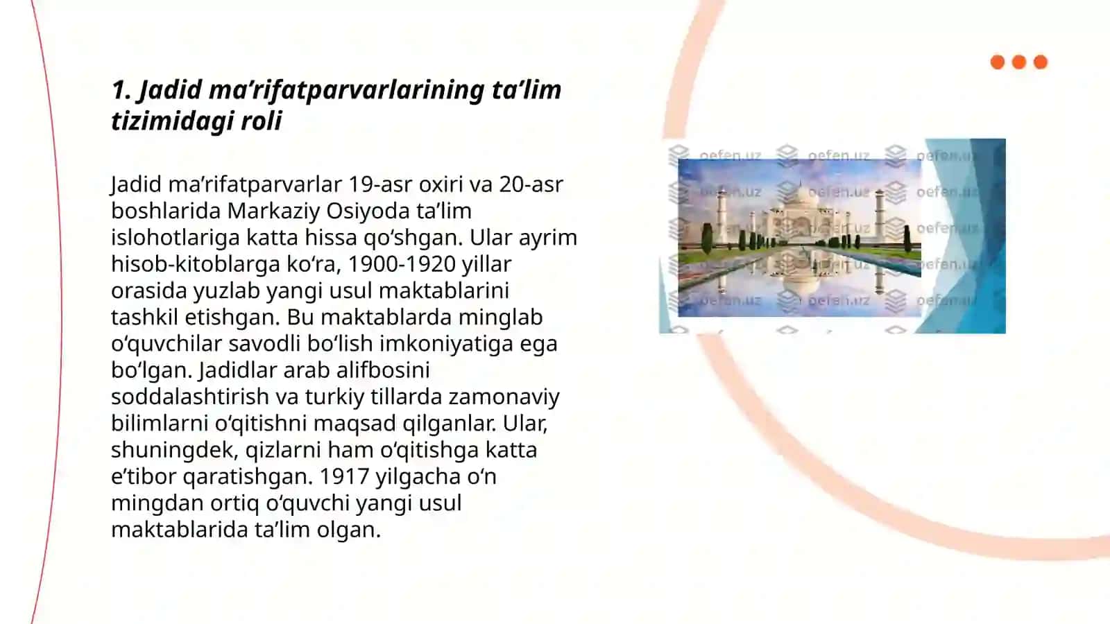 Jadid ma’rifatparvarlarining o’lkad ijtimoiy-ma’naviy hayotida tutgan o’rni 3