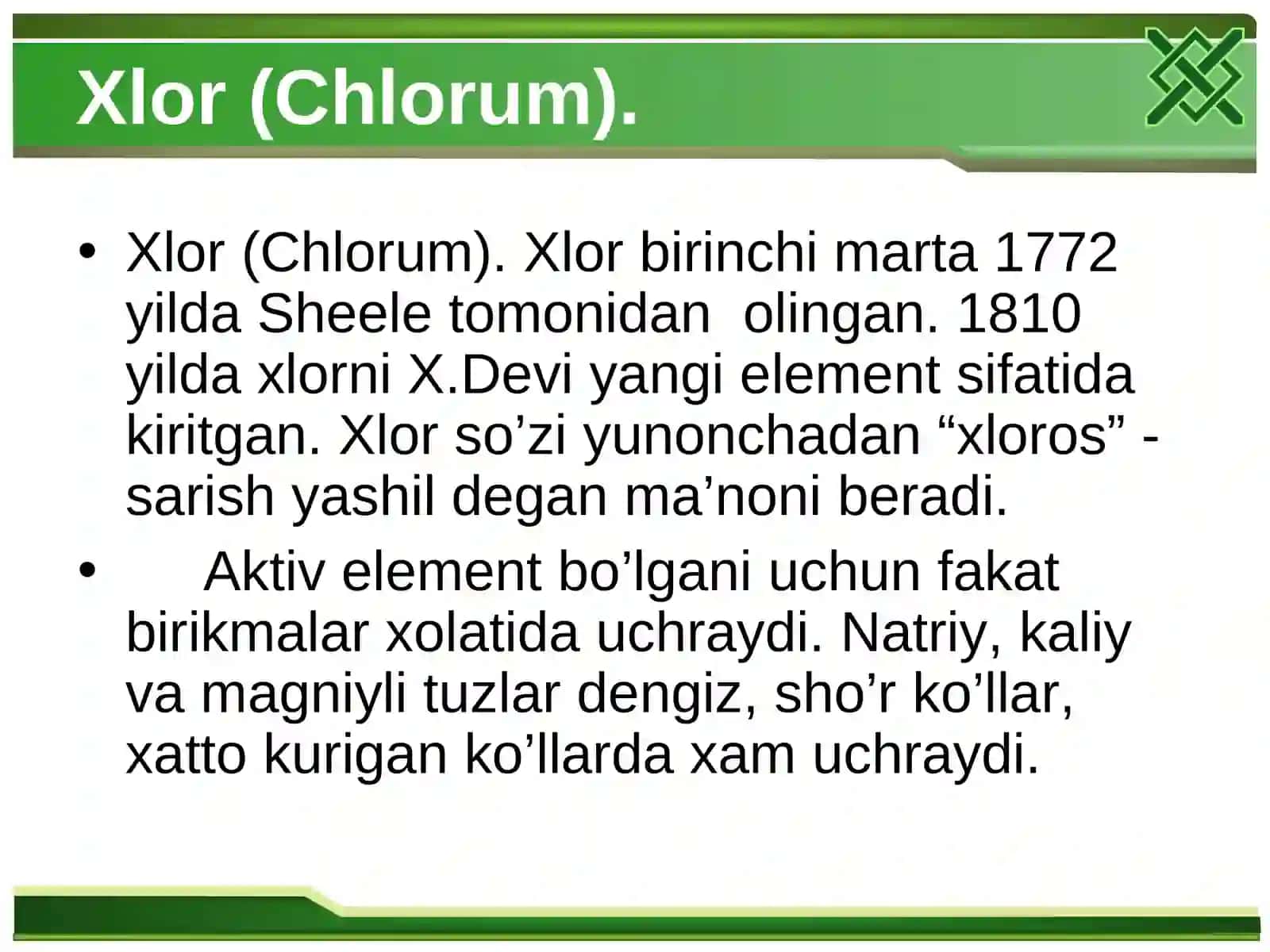 Xlorning olinishi, xossalari va uning birikmalari 3