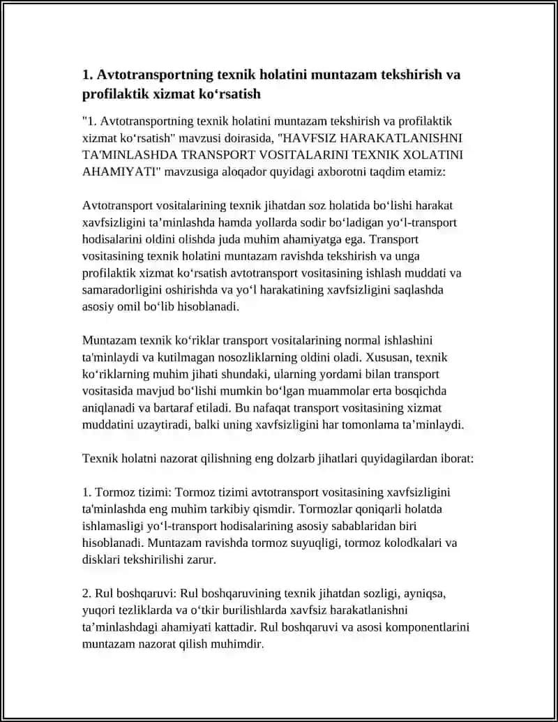 HAVFSIZ HARAKATLANISHNI TAMINLASHDA TRANSPOTR VOSITALARINI TEXNIK XOLATINI AHAMIYATI 3