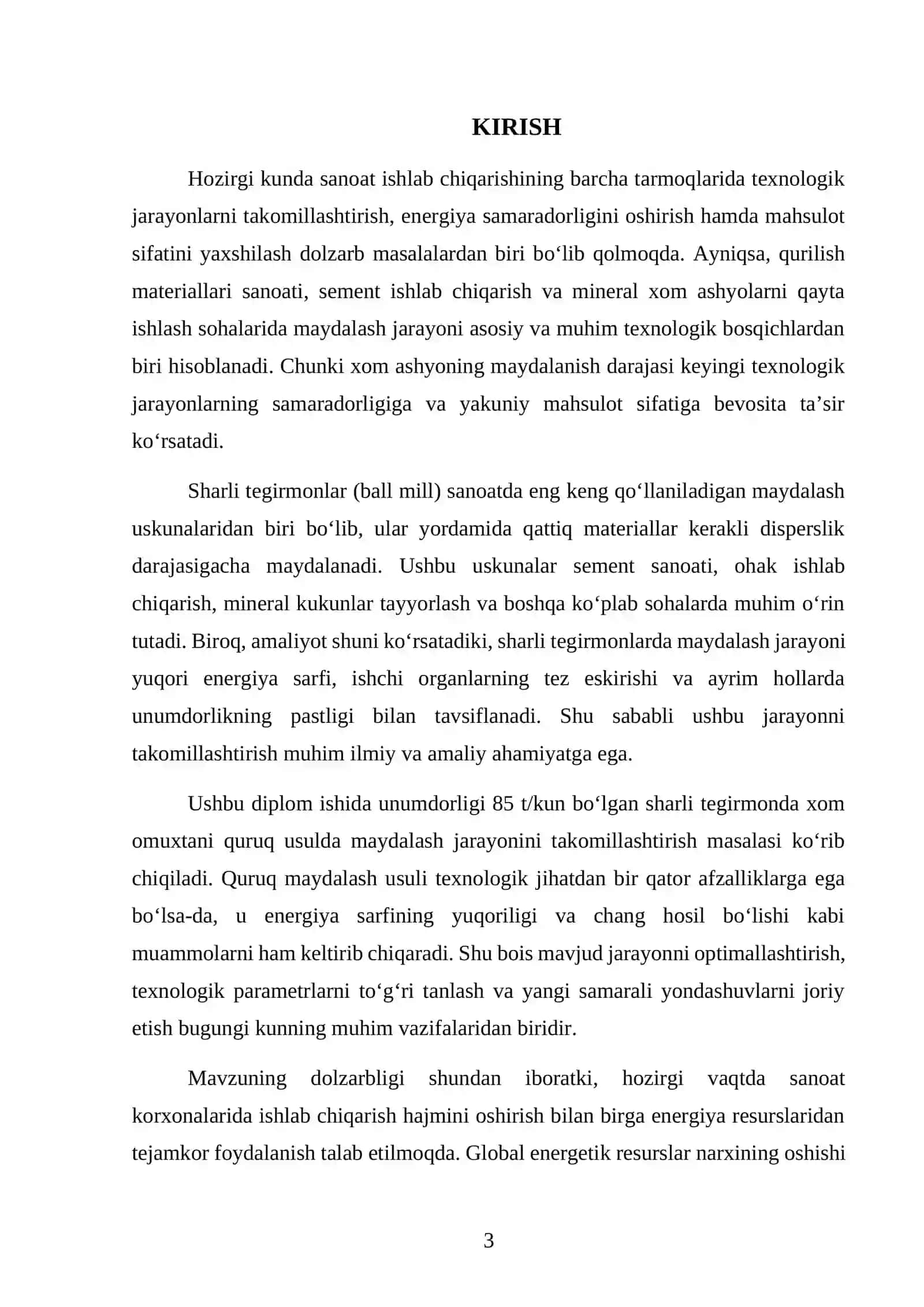 Unumdorligi 85 t/kun bo'lgan sharli tegirmonda quruq usulda
xom omuxtani maydalash jarayonini takom 3