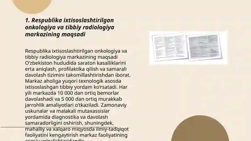 Respublika ixtisoslashtirilgan onkologiya va tibbiy radiologiya ilmiy amaliy tibbiyot markazining tuzilishi, vazifalari va umumiy ma'lumotlar 3