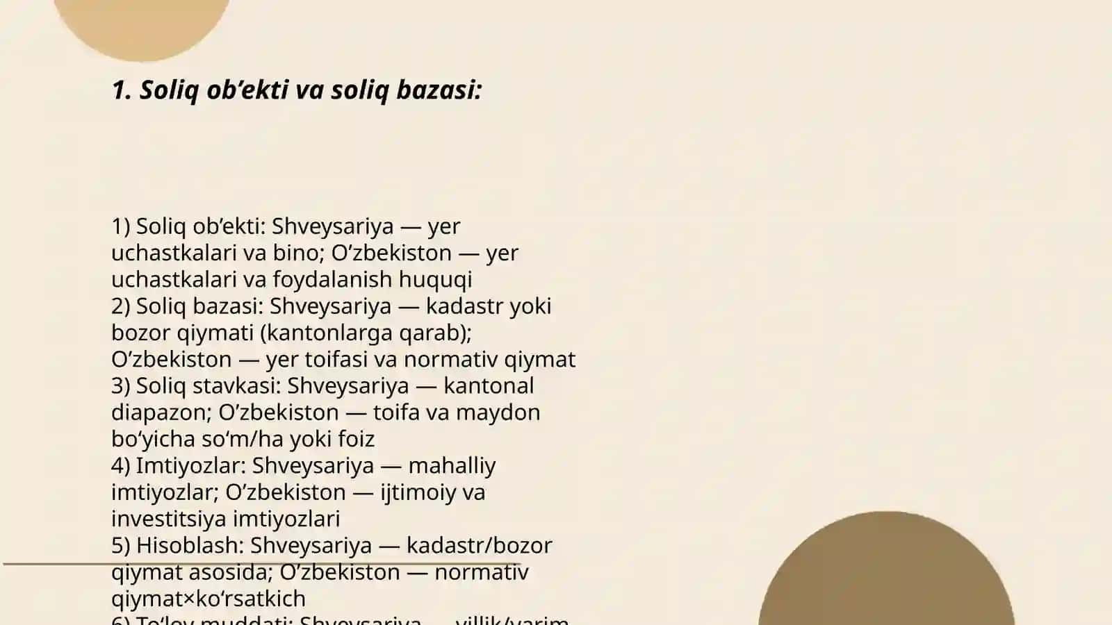 Shveysariya davlatini yer solig’ini O’zbekiston davlatini yer soligi bilan 7 ta element asosida taqqoslash 3
